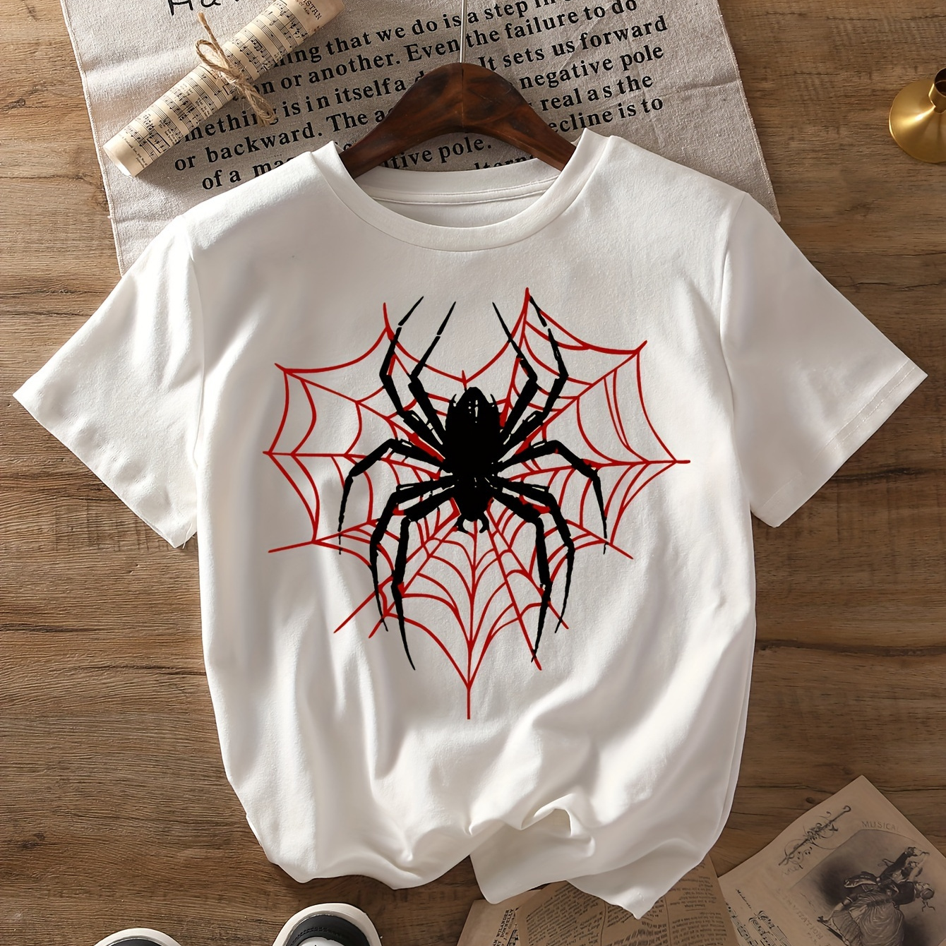 

Spider Print T-shirt, Short Sleeve Crew Neck Casual Top For Summer & Spring, Women's Clothing