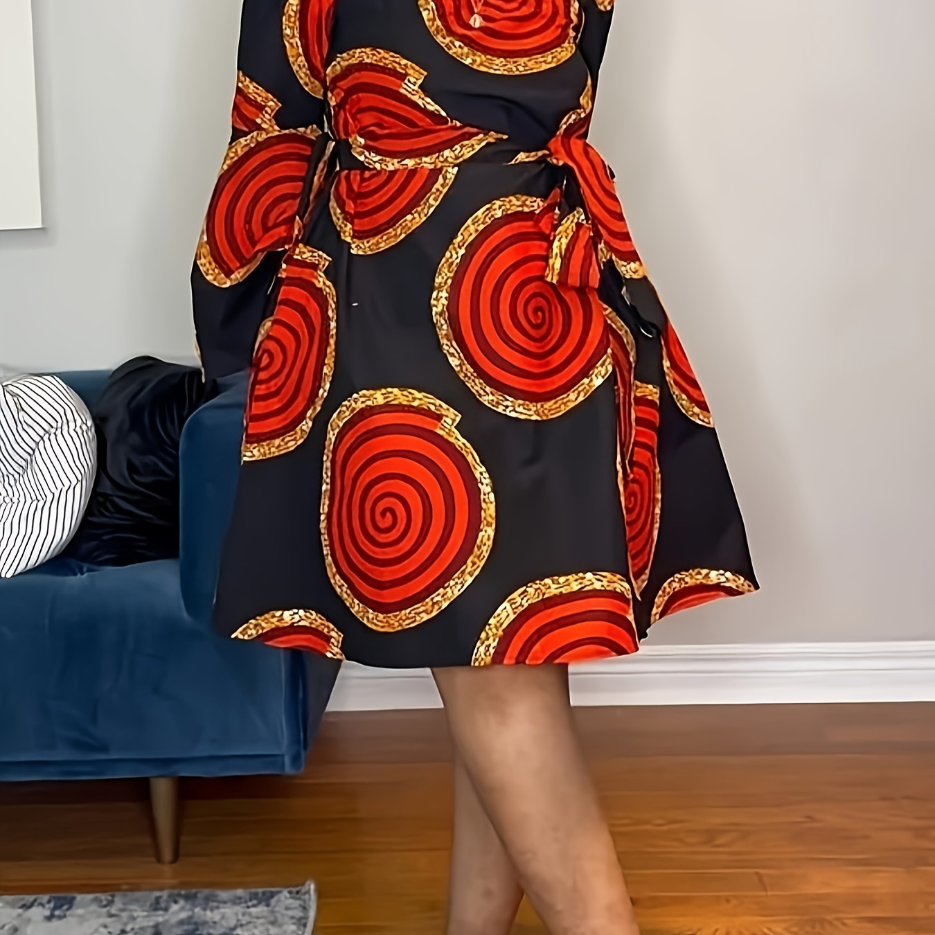 

Plus Size Geometric Print Off Shoulder Dress, Casual Flare Sleeve Dress For Spring & Summer, Women's Plus Size Clothing