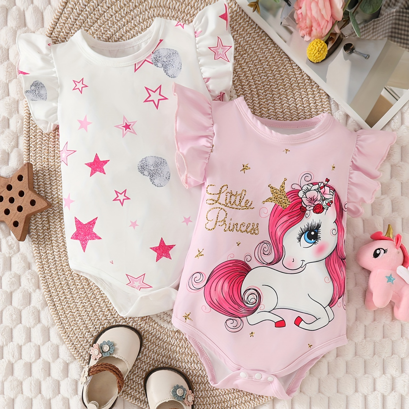 

2pcs Baby's Lovely Triangle Bodysuit, Cartoon Unicorn & Pentagram Pattern Casual Cap Sleeve Romper, Toddler & Infant Girl's Onesie For Summer, As Gift