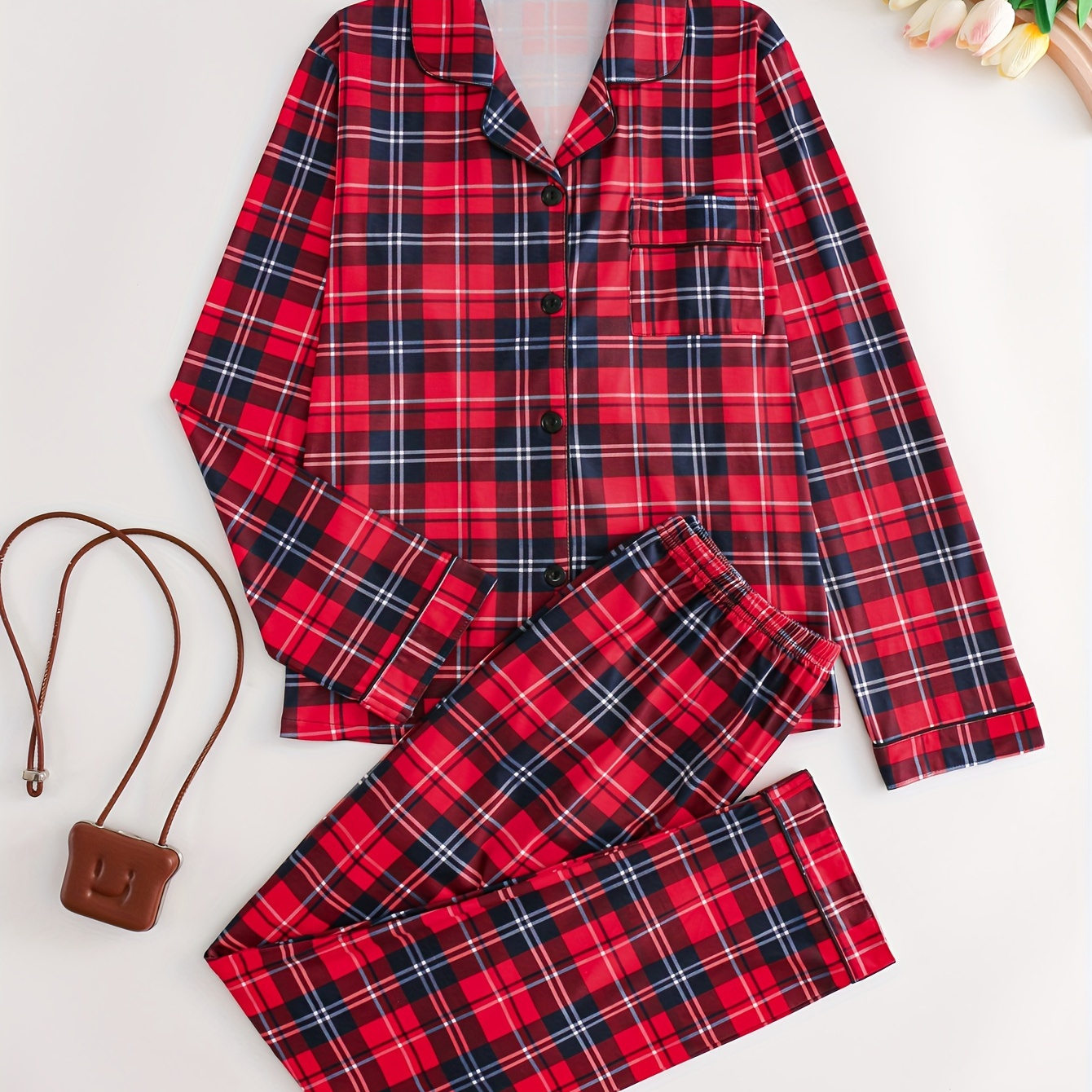 

Women's Plaid Print Casual Pajama Set For Fall, Long Sleeve Buttons Lapel Top & Pants, Comfortable Relaxed Fit