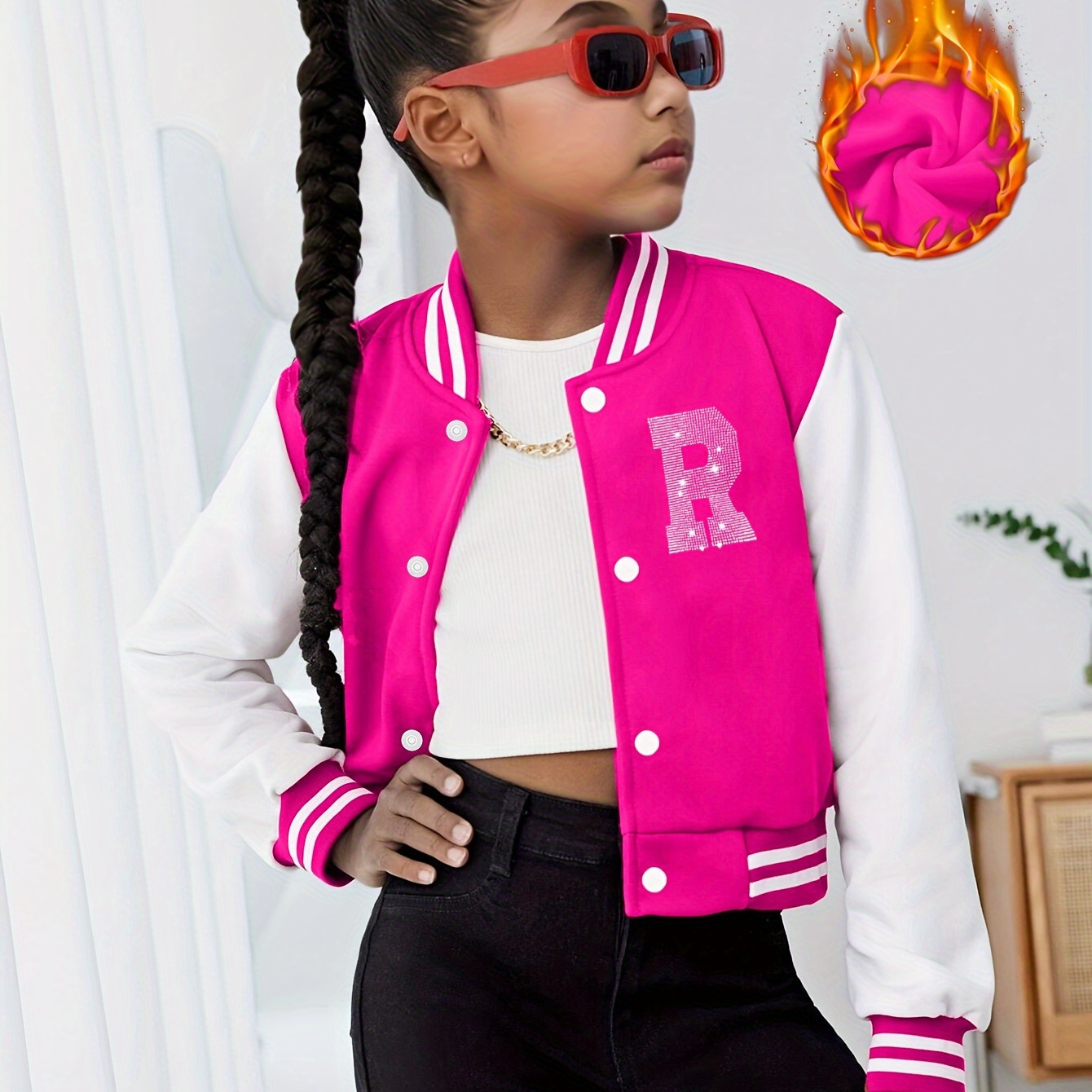 

Youth Casual Baseball Collar Varsity Jacket - 100% Polyester With Applique Detail, Slight Stretch, Alphabet Pattern, Knit Fabric For Fall/winter - Regular Fit Jacket For Ages 12 And Under