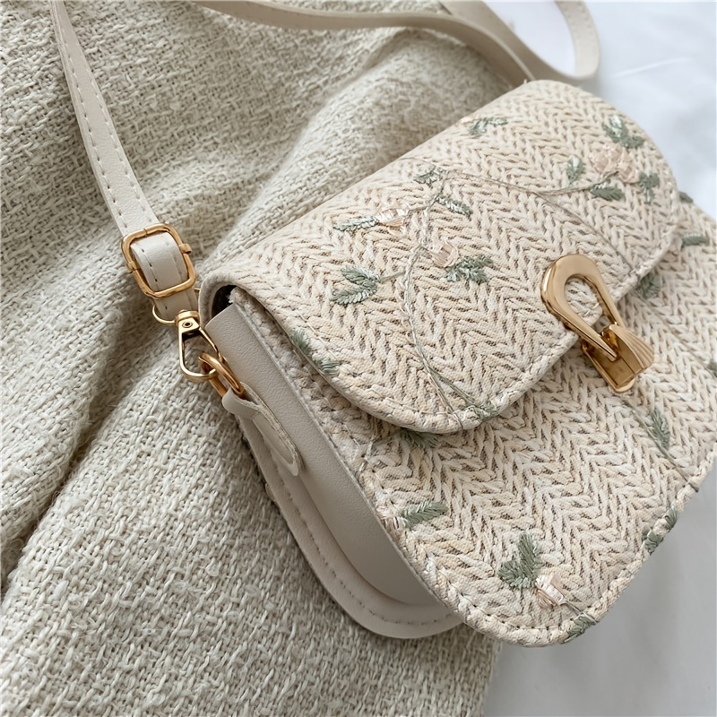 Mini Straw Bag Flower Embroidery Double Handle