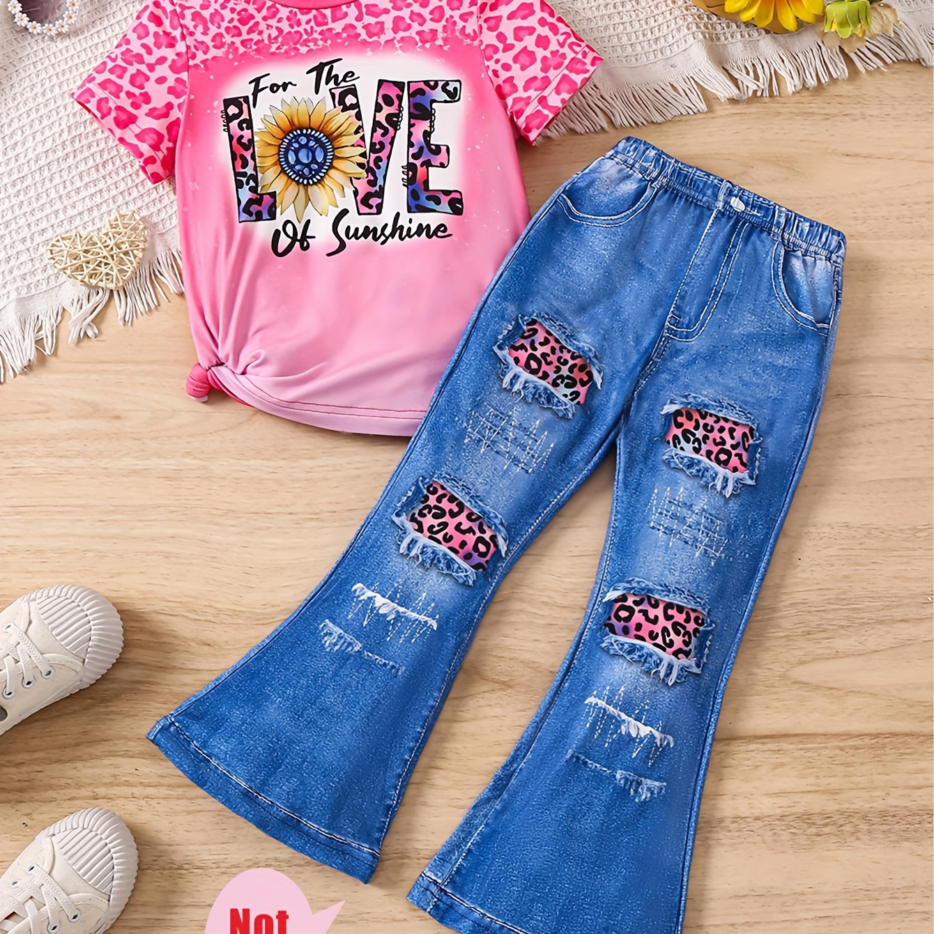 

2pcs Girl's Love Sunflower Print Short Sleeve T-shirt Top + Flared Legging(not Jeans) Casual Set, Girls Outfit Summer Clothes