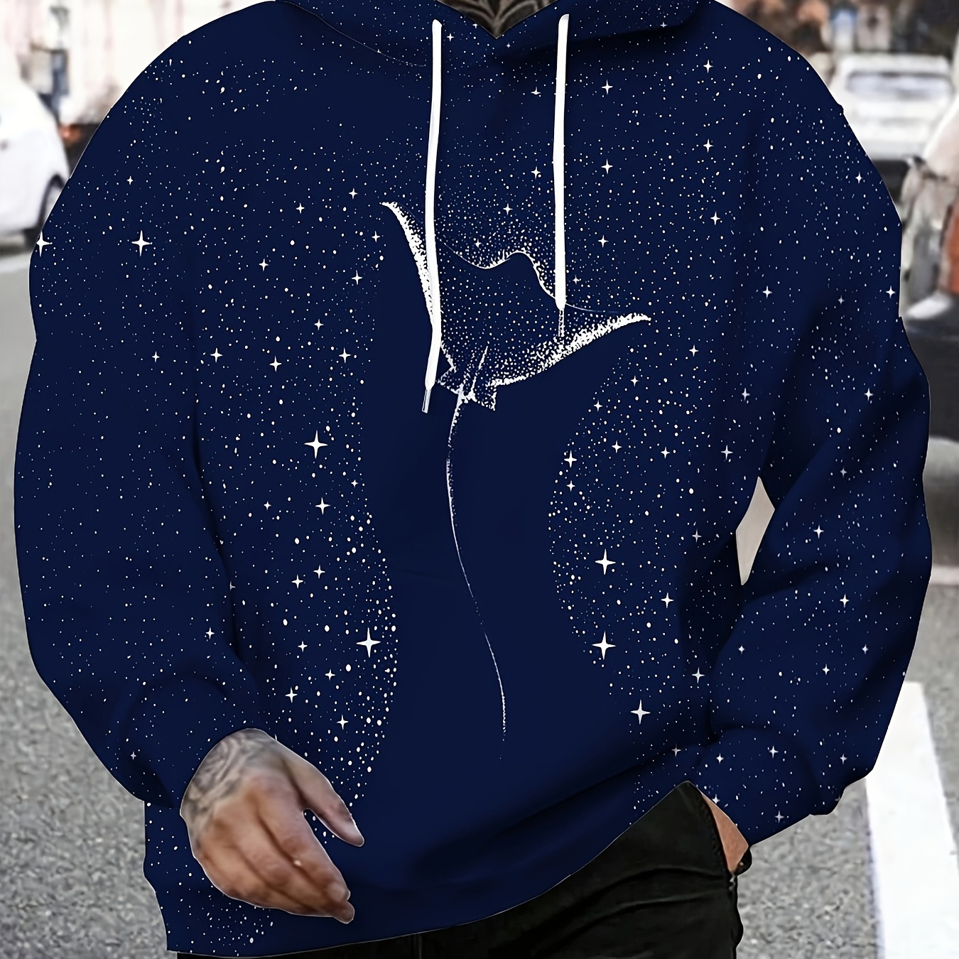 

Men's Skate Fish & Stars Print Hooded Sweatshirt, Casual Trendy Long Sleeve Sports Hoodie For Spring And Fall