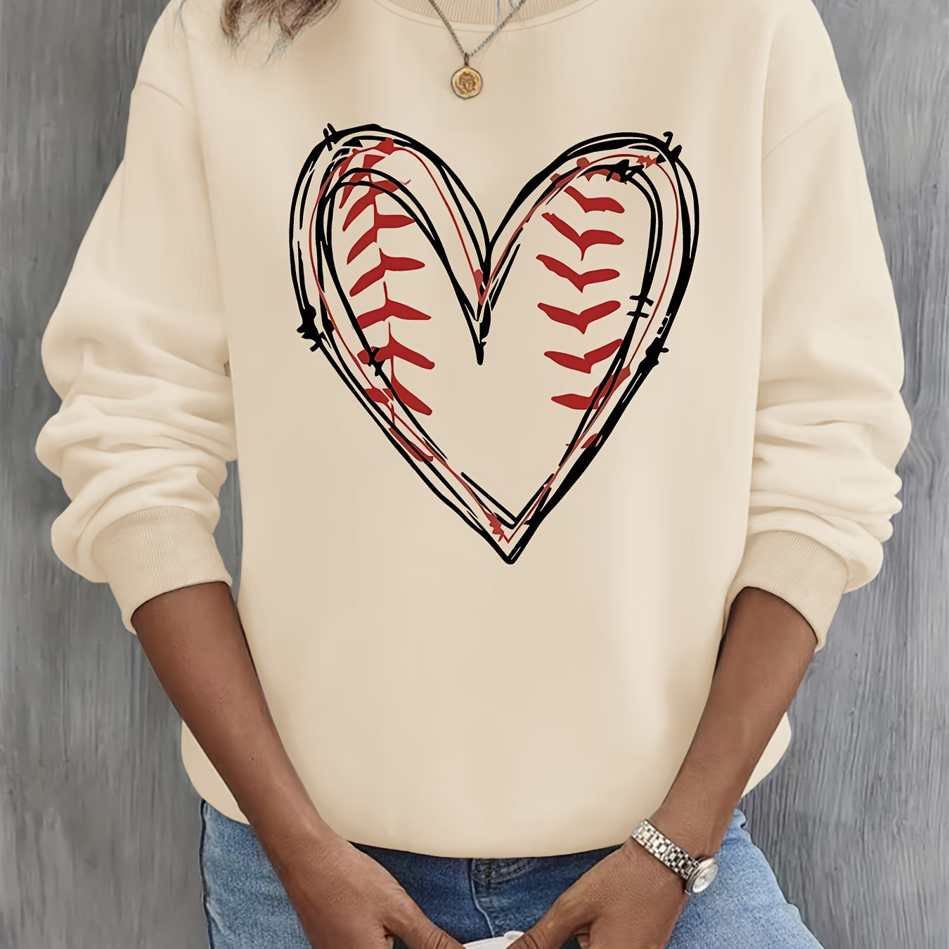 

Love Baseball Print Sweatshirt, Casual Long Sleeve Crew Neck Pullover Sweatshirt For Fall & Winter, Women's Clothing