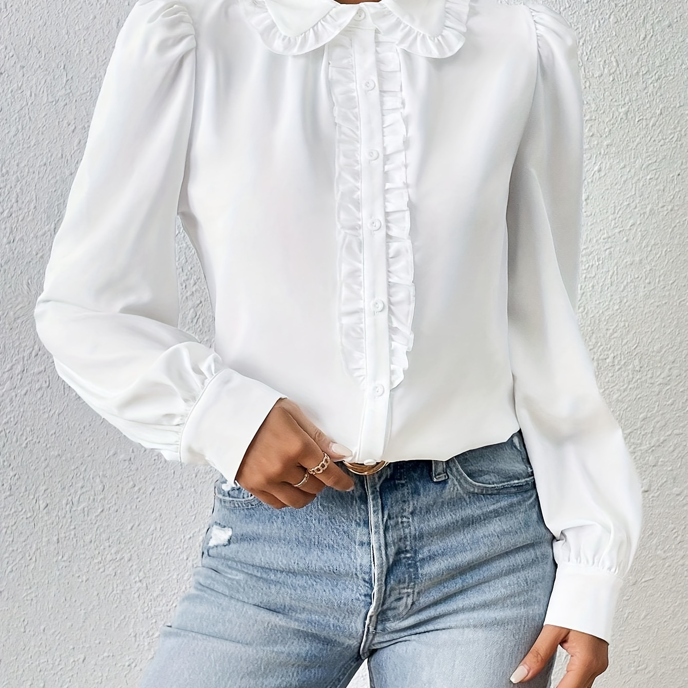 

Lady's White Puff Sleeve Blouse - Polyester, Casual, Small Collar, Solid Color, Seasonal, Adult, Woven