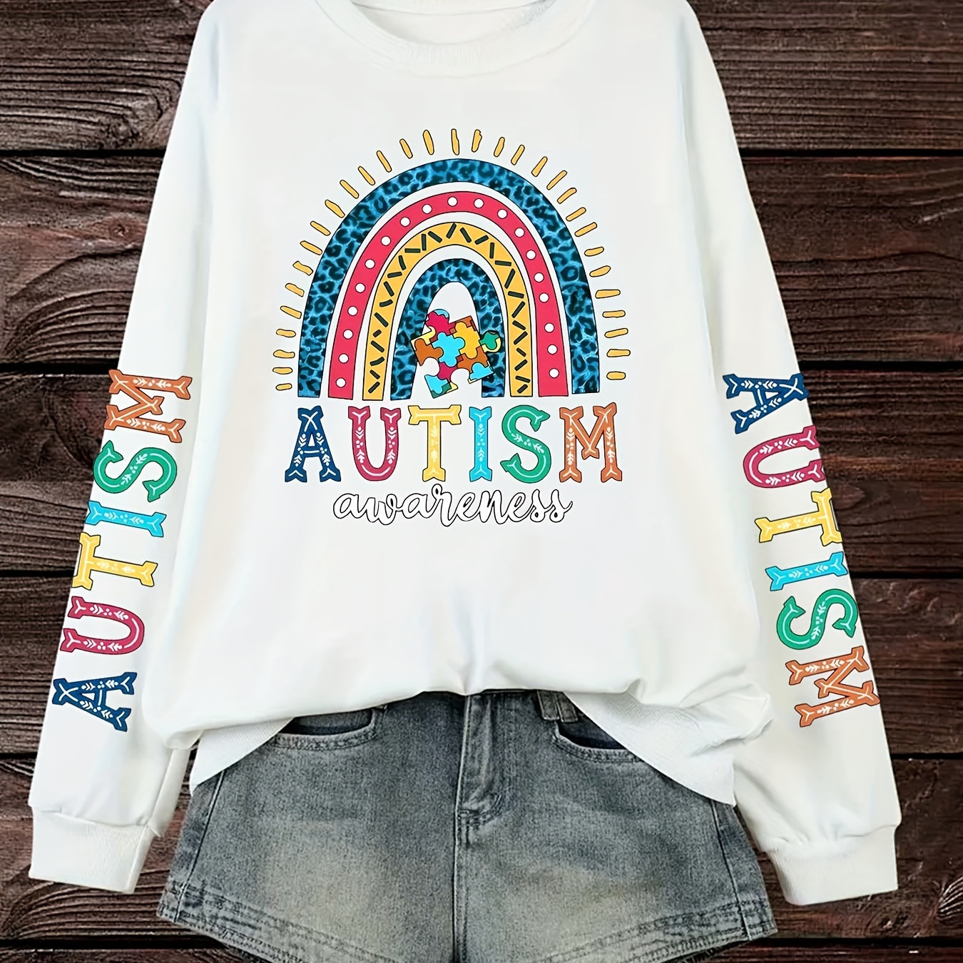 

Plus Size Autism Print Pullover Sweatshirt, Casual Long Sleeve Crew Neck Sweatshirt For Fall & Spring, Women's Plus Size Clothing