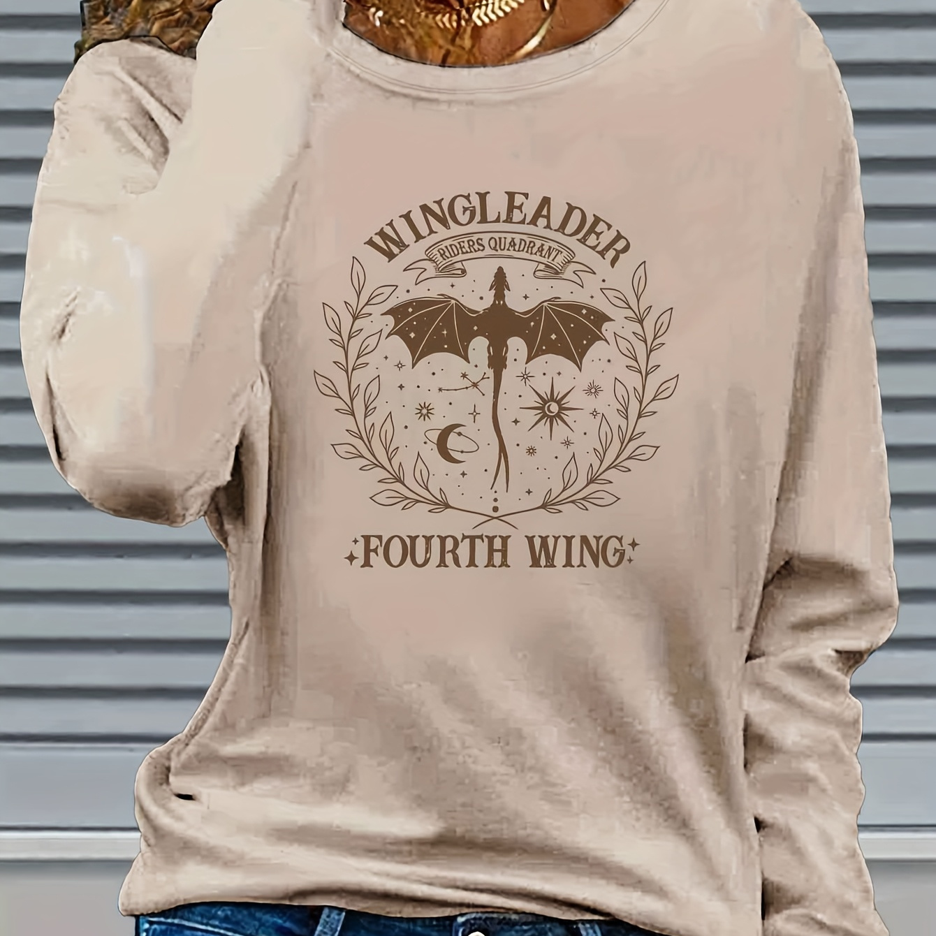 

Fourth Wing Long Sleeve T-shirt, Casual Crew Neck, Polyester Knit Fabric Top With Applique, For Fall/winter