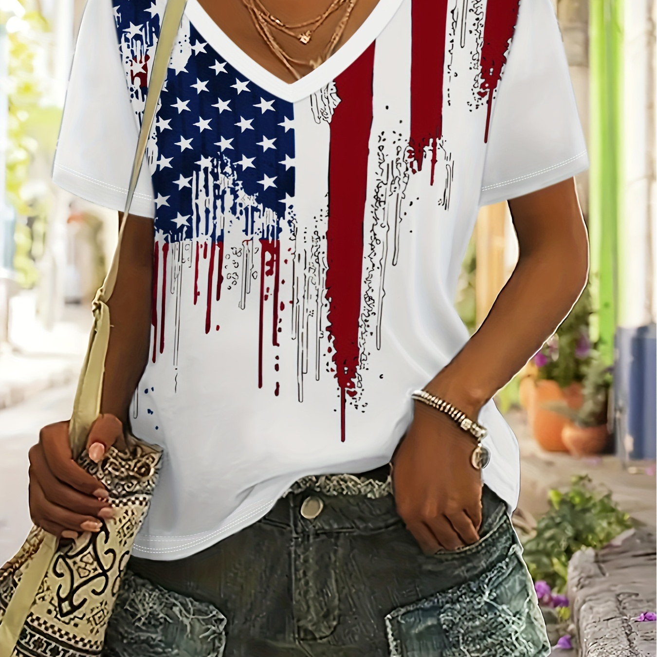 

American Flag Print V-neck T-shirt, Casual Short Sleeve Top For Spring & Summer, Women's Clothing