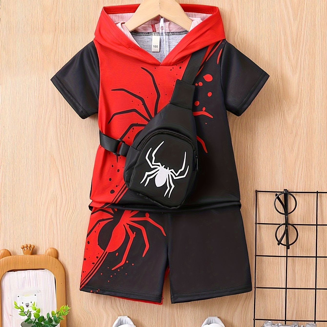 

2pcs Boys Trendy Spider Print Colorblock Comfortable Versatile Hooded Short Sleeve T-shirt & Shorts & Crossbody Bag Set, Cool, Lightweight And Comfy Summer Clothes!