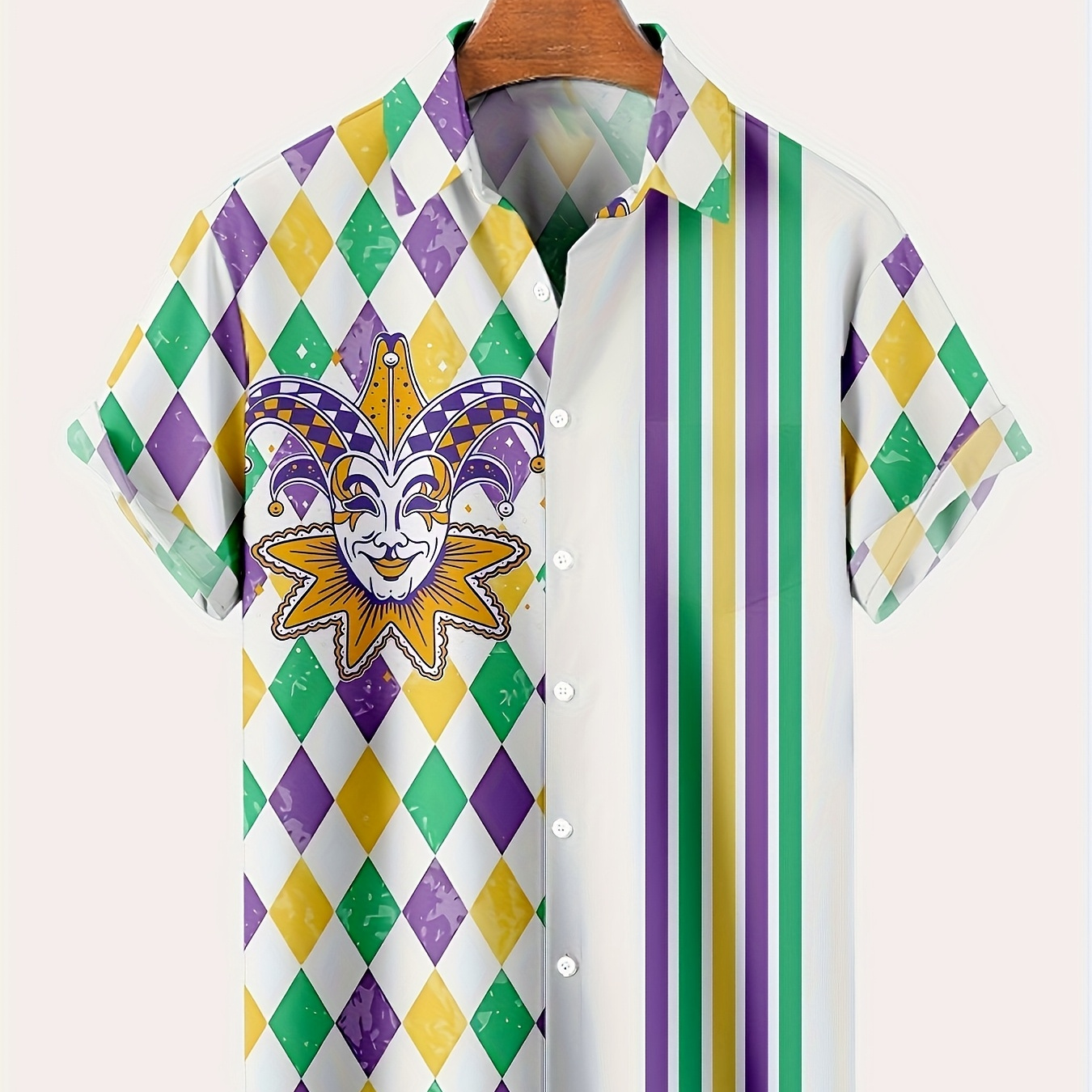 

Men's Casual Short Sleeve Shirt With Mardi Gras Print, Polyester Fabric, Button-up, Summer Wear