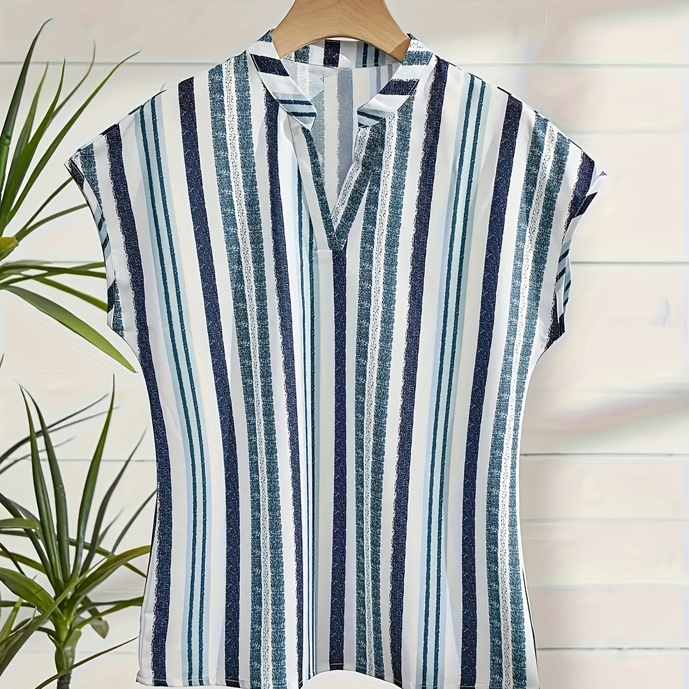 

Striped Print Notched Neck Blouse, Elegant Batwing Short Sleeve Blouse, Women's Clothing