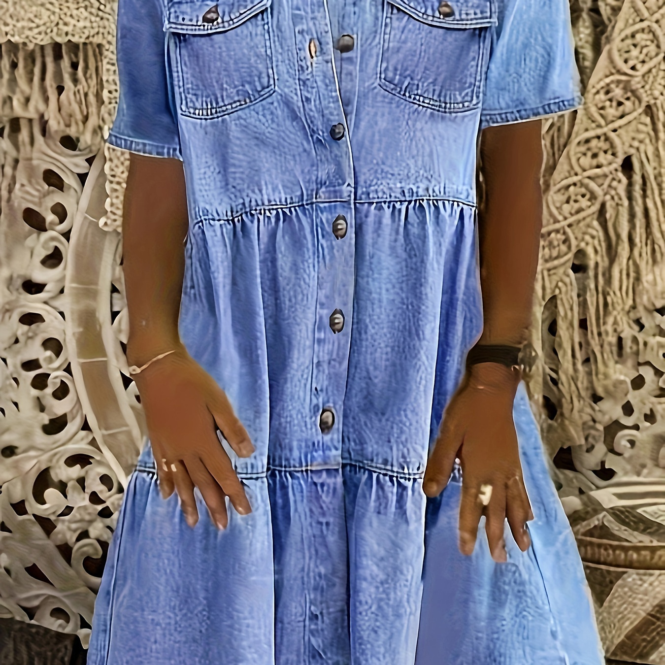 

Women's Plus Size Casual Denim Dress, Street Style Comfortable Shirt Dress With Pockets, Button-down Mid-length Jean Dress