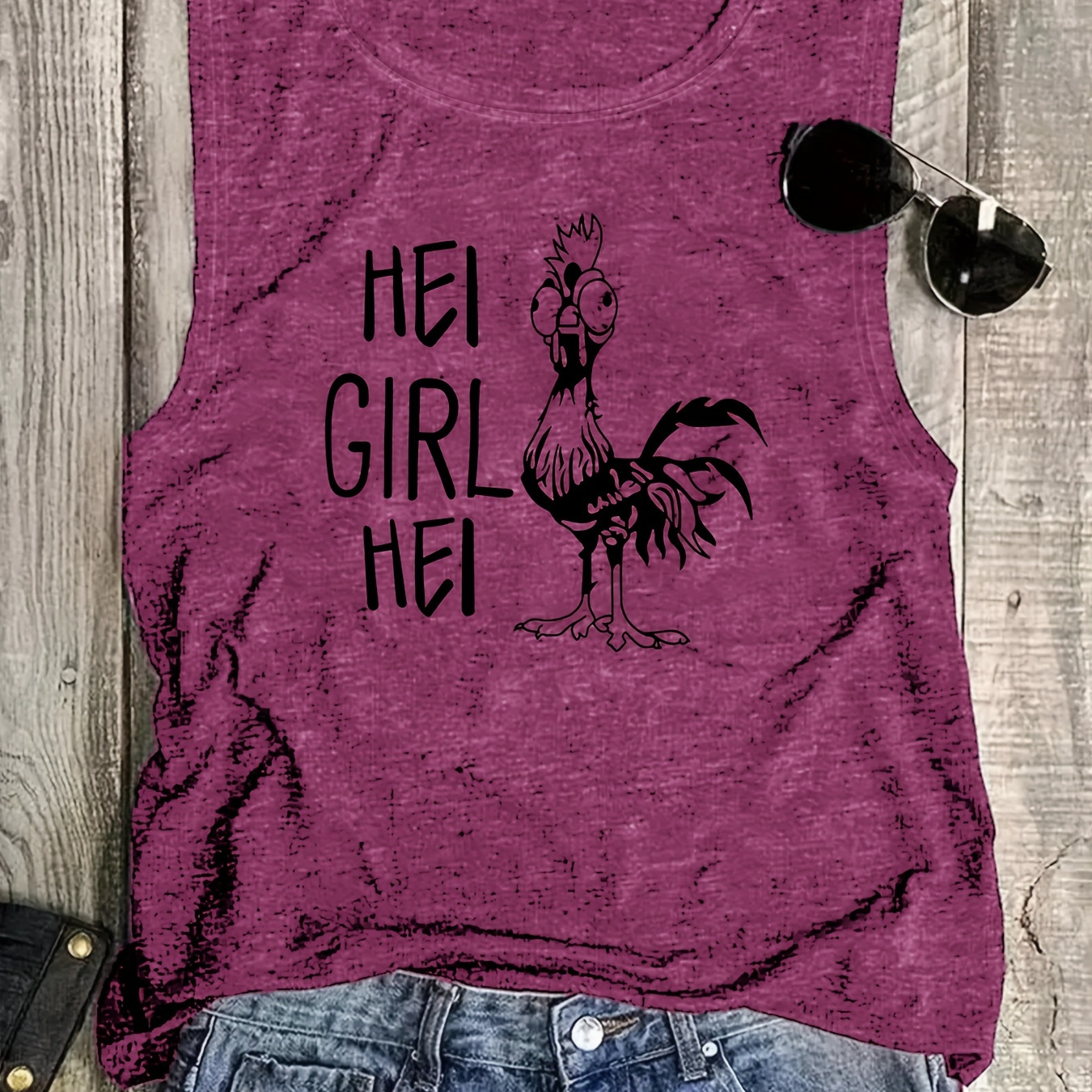 

1pc Women's Casual Crew Neck Tank Top With Rooster Print, Polyester With Slight Stretch, Regular Fit Pullover Vest For All