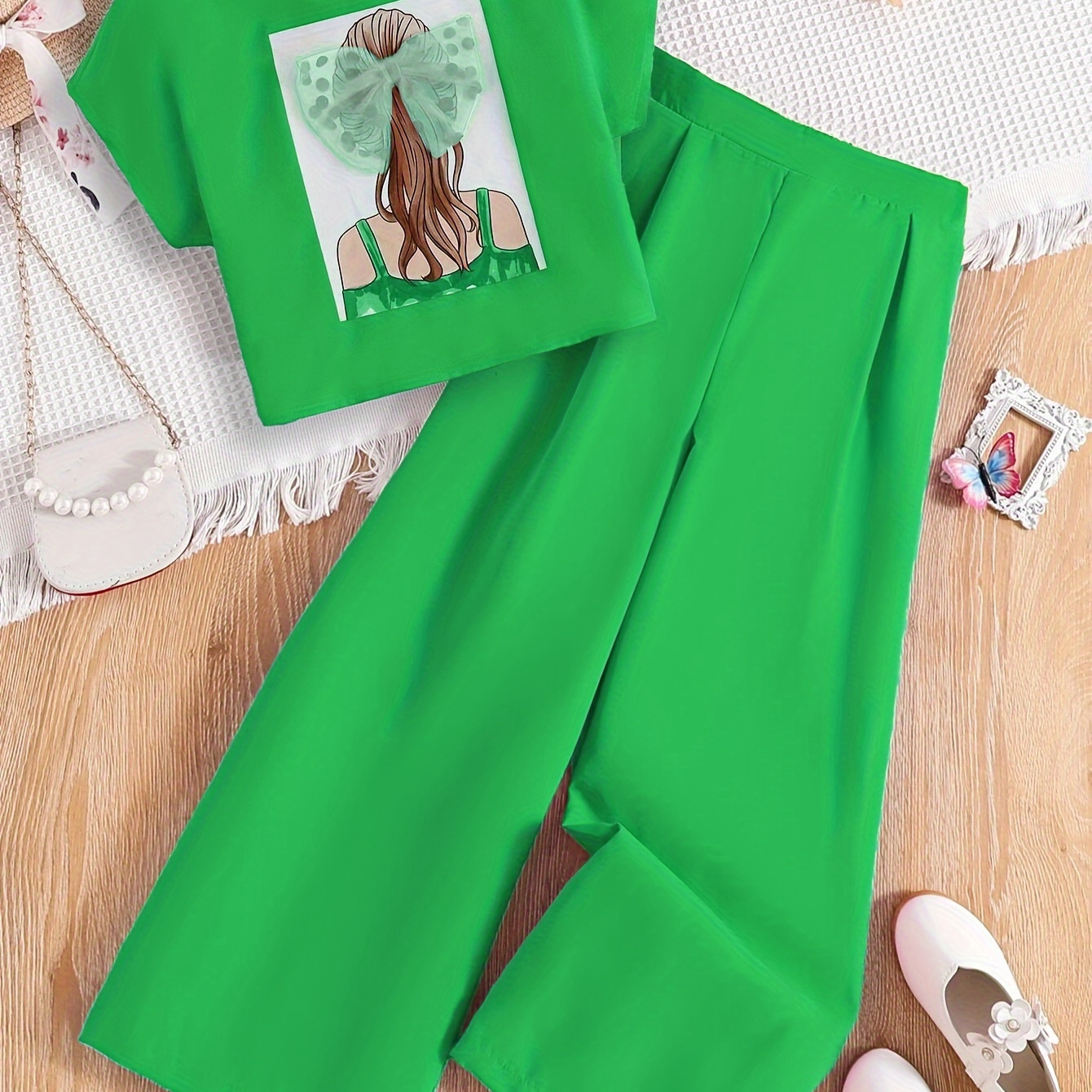 

Girls Casual & Comfy Summer Outfit, 2pcs/set Cartoon Girl Graphic Print And Mesh Bowknot Decor Tee & Wide-leg Pants