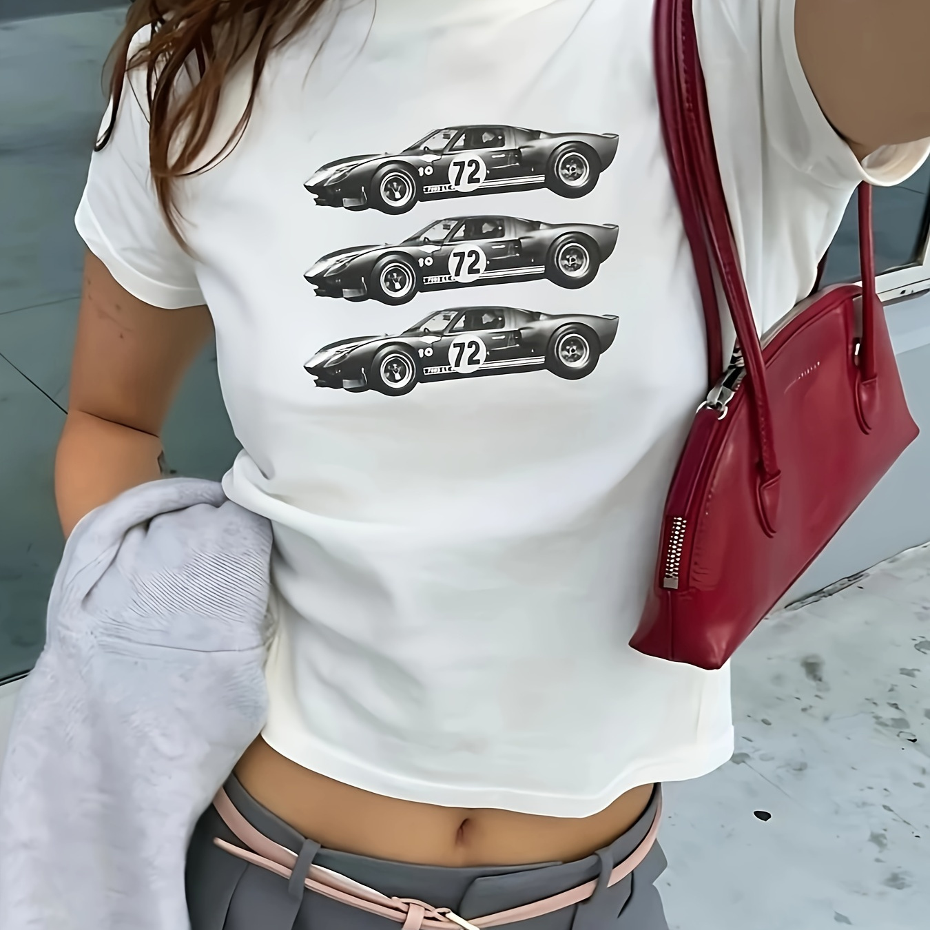 

Y2k Car Print T-shirt, Short Sleeve Crew Neck Casual Top For Summer & Spring, Women's Clothing