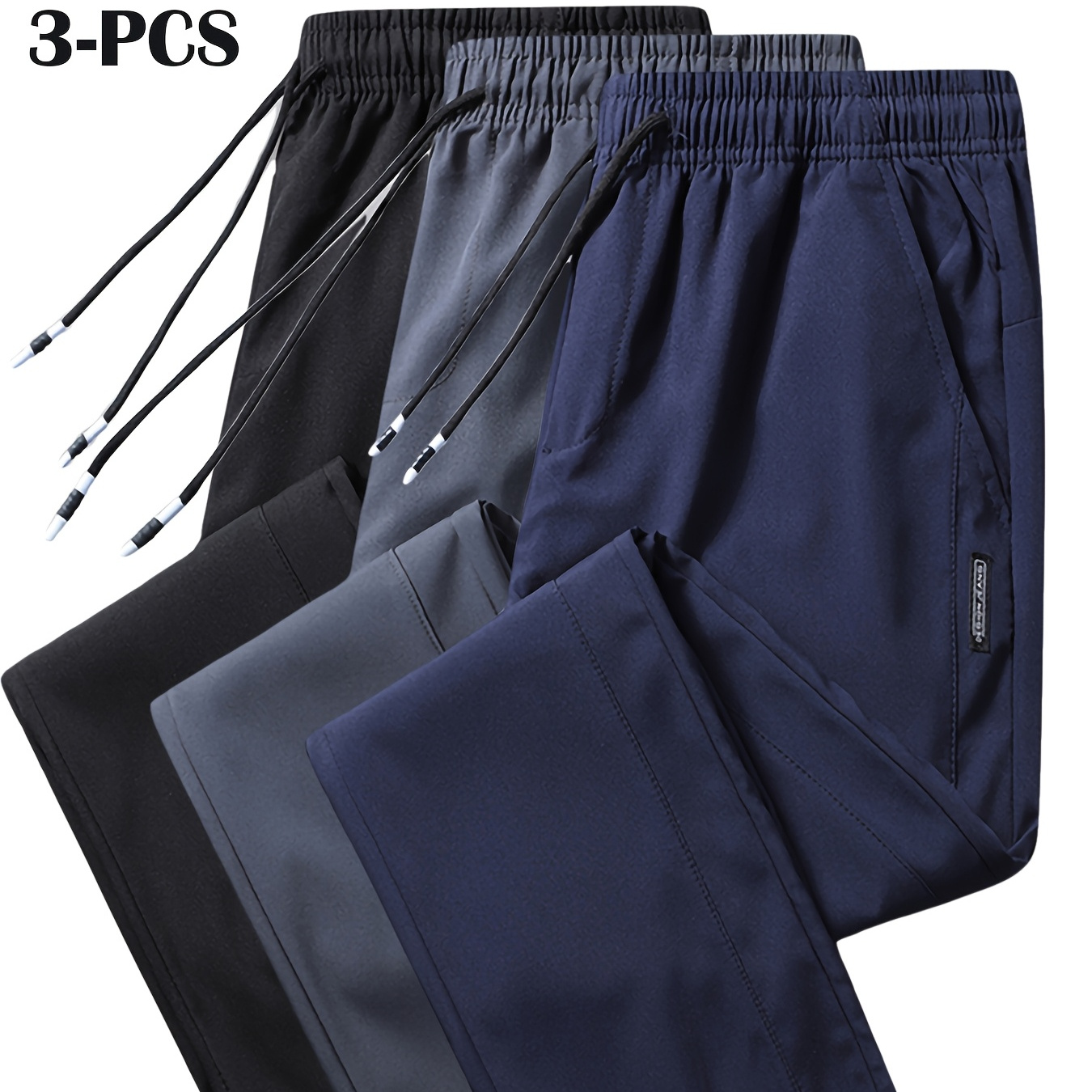 

3pcs Men's Lightweight Casual Pants - Quick-dry, Breathable Polyester With Elastane, Solid Color With Pockets