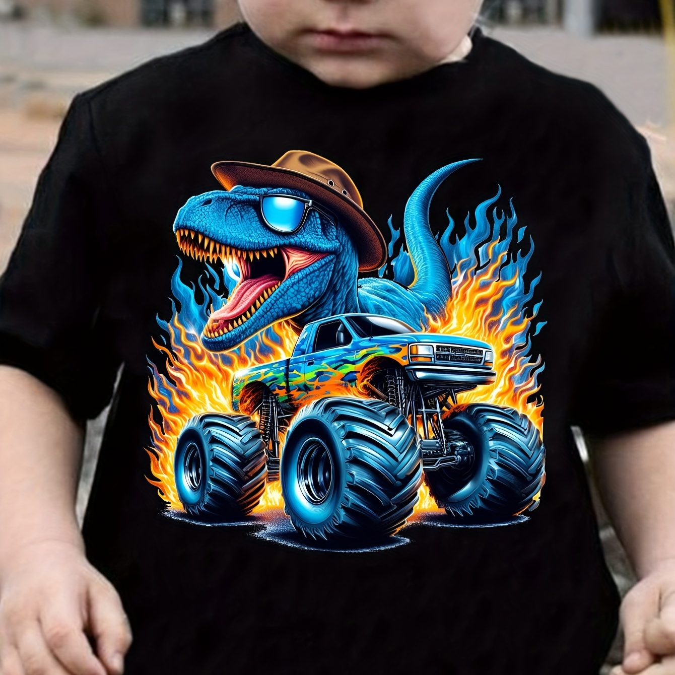 

Cool Dino Truck Print Boy's Casual T-shirt, Short Sleeve Comfy Tee Tops, Summer Outdoor Sports Clothing