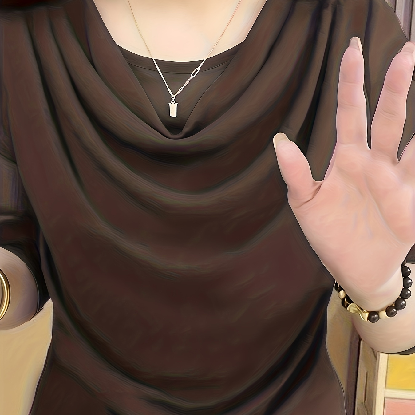 Women's Brown Cowl Neck Draped Blouse