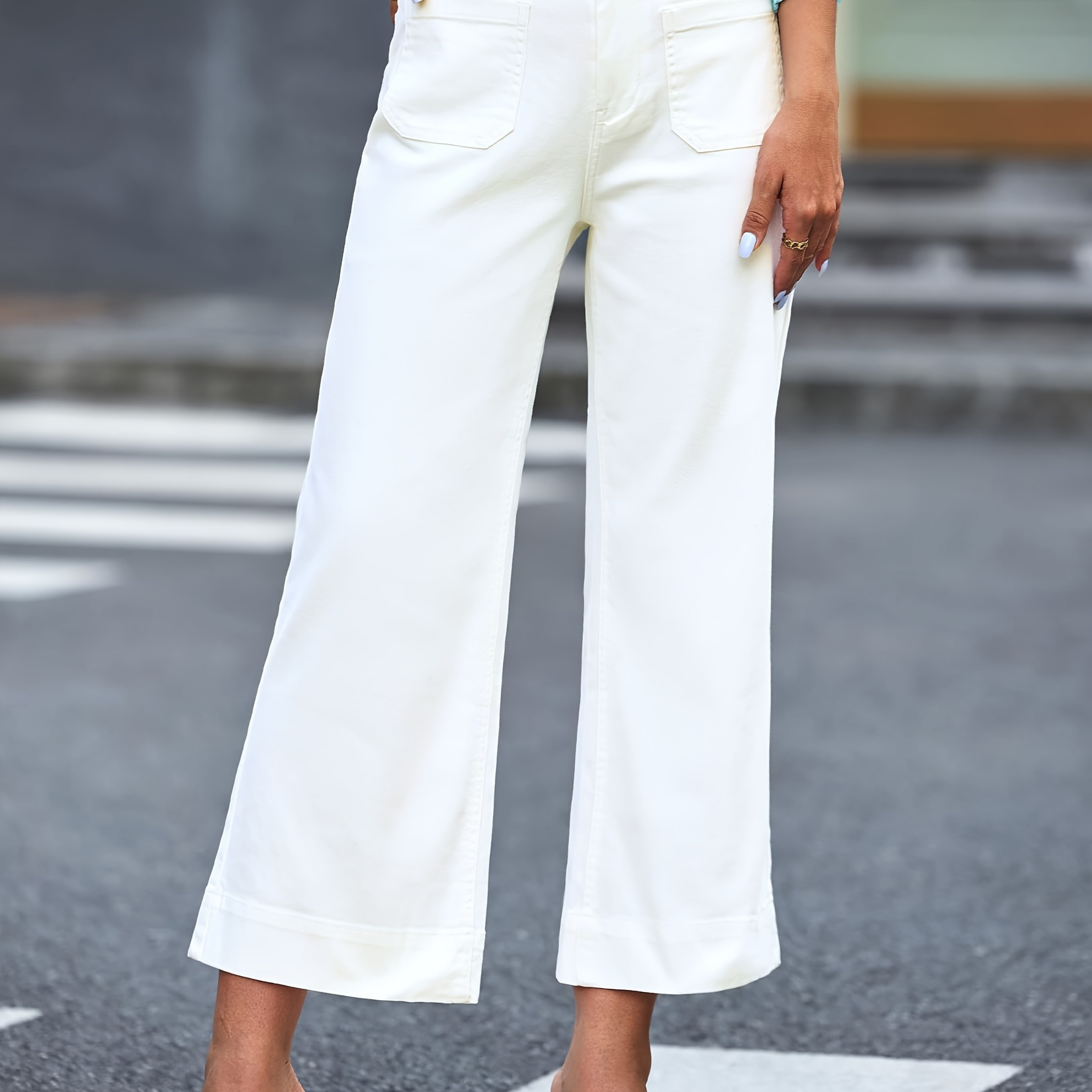 

Women's High-waisted Wide-leg Cropped Jeans, Casual Style, Versatile Solid White Denim Pants