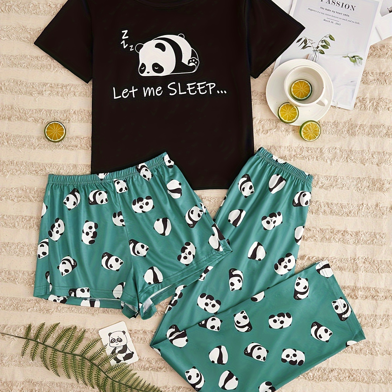 

3-piece Panda Print Pajama Set, Casual Crew Neck Short Sleeve Tee Top + Elastic Waistband Shorts + Lounge Pants, Casual & Comfy Pajamas, Women's Sleepwear & Loungewear
