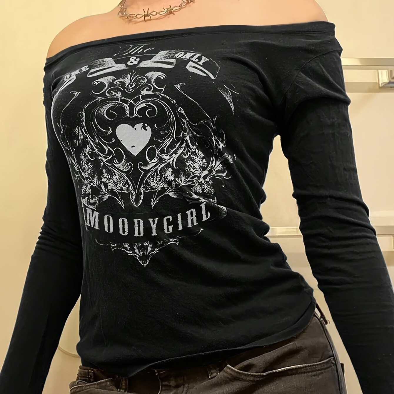 

Grunge Punk Heart Print T-shirt, Y2k Long Sleeve Scoop Neck Slim Top, Women's Clothing