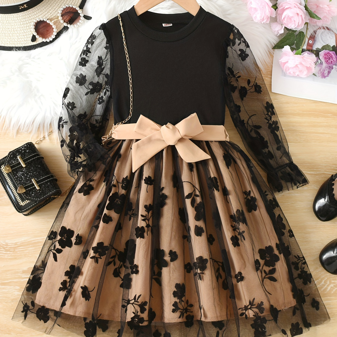 

Girls Stylish & Elegant Flowers Embroidery Long Mesh Spliced Belted Dress For Spring & Fall, Trendy Clothes For Girls For Dinner Party