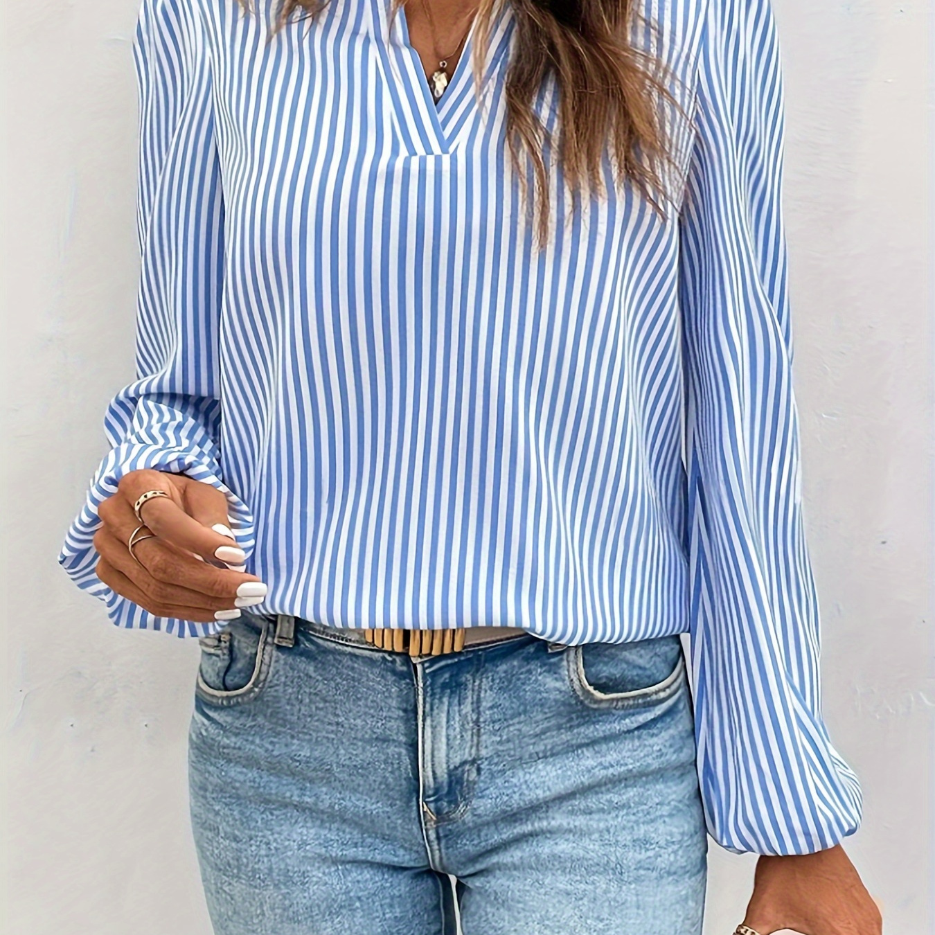 

Striped Print Notched Neck Blouse, Elegant Lantern Sleeve Blouse For Spring & Fall, Women's Clothing