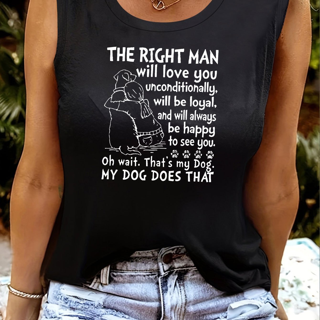 

Lady With A Dog Print Tank Top, Sleeveless Crew Neck Casual Top For Summer & Spring, Women's Clothing