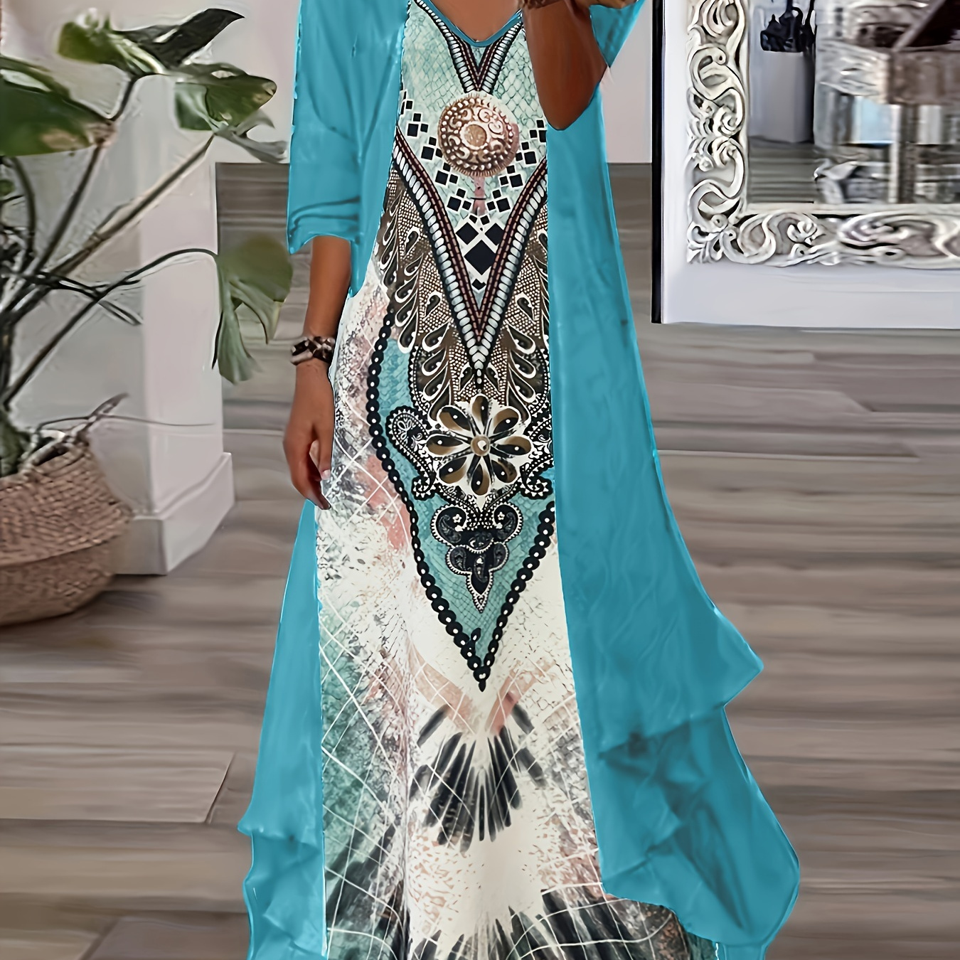 

Elegant Tribal Print Cami Dress Set, Long Sleeve Open Front Top & V Neck Sleeveless Strap Dress Outfits, Women's Clothing