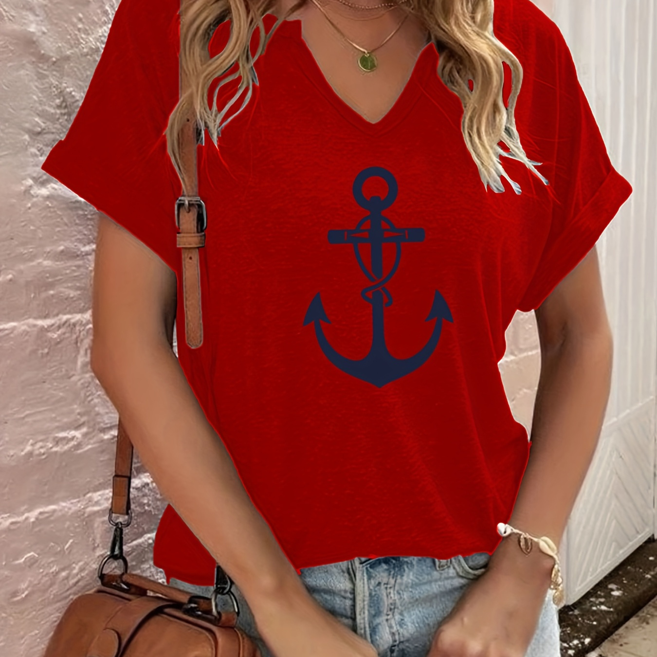 

Casual, Women's -neck T-shirt With Navy Print - Short Sleeve, Casual , Polyester , Machine Washable