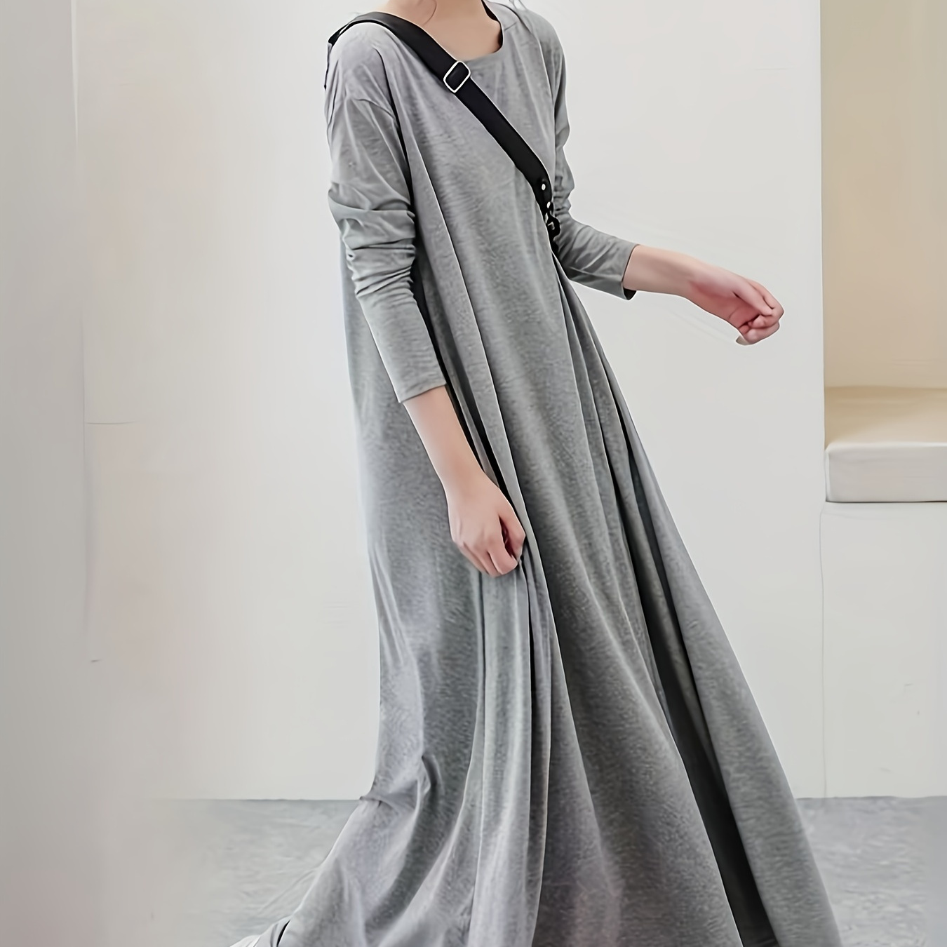 

Robe à col rond de couleur unie, robe longue décontractée à manches longues pour et l'hiver, vêtements pour femmes