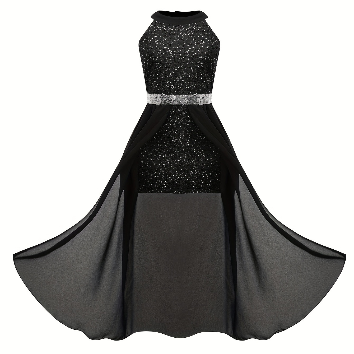 

Girls Elegant Black Evening Dress, Glitter Sequin, Waist-cinching, Luxurious Gown For Banquets And Special Occasions