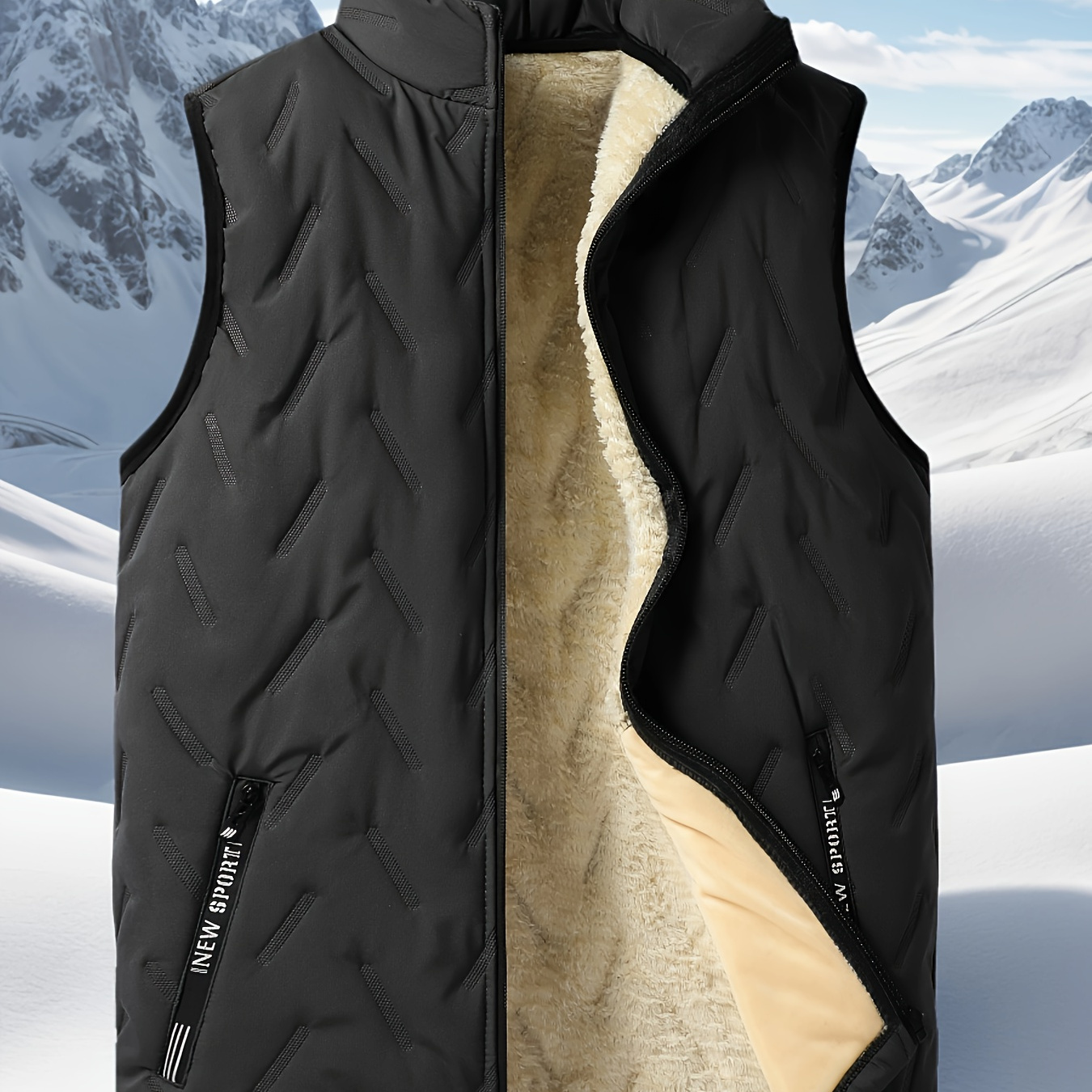 

Men's Sleek Black Polyester Vest - Casual Stand Collar, Sleeveless Puffer Jacket With Warm Fleece Lining And Quilted Design, Zip-up For , Fall/winter Outdoor Activities