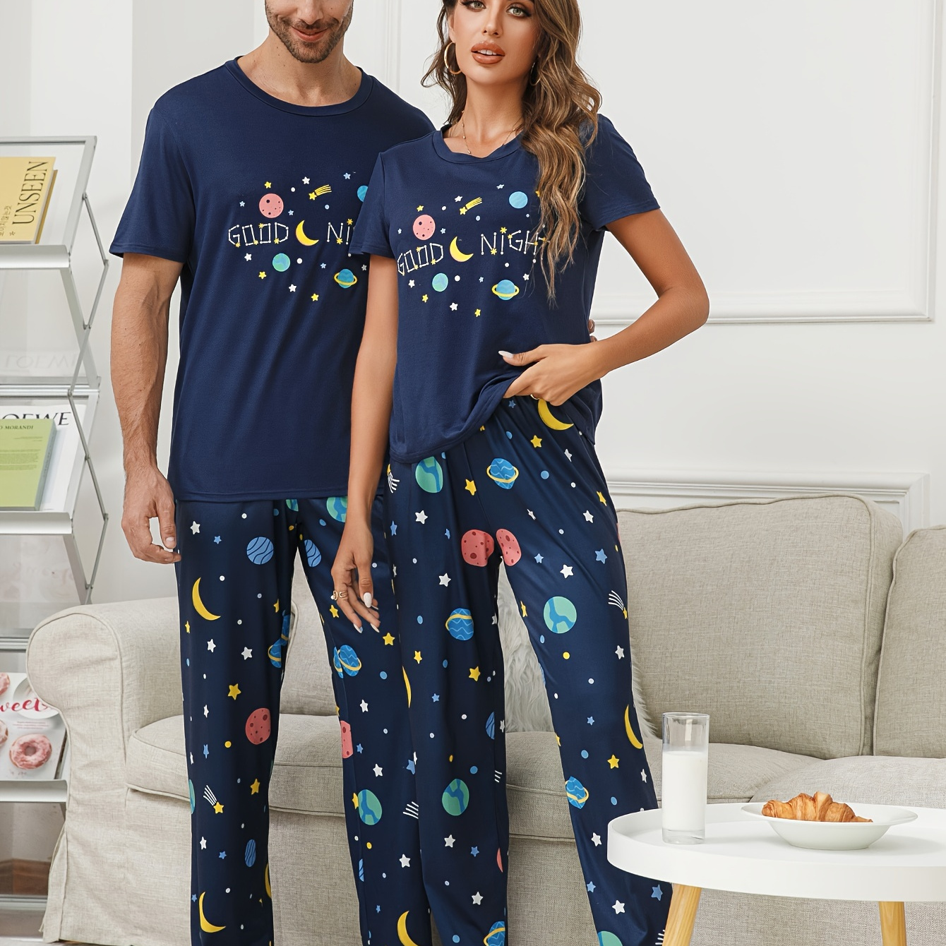 

Women's Planet & Moon & Slogan Print Pajama Set, Short Sleeve Round Neck T-shirt & Pants, Women's Sleepwear