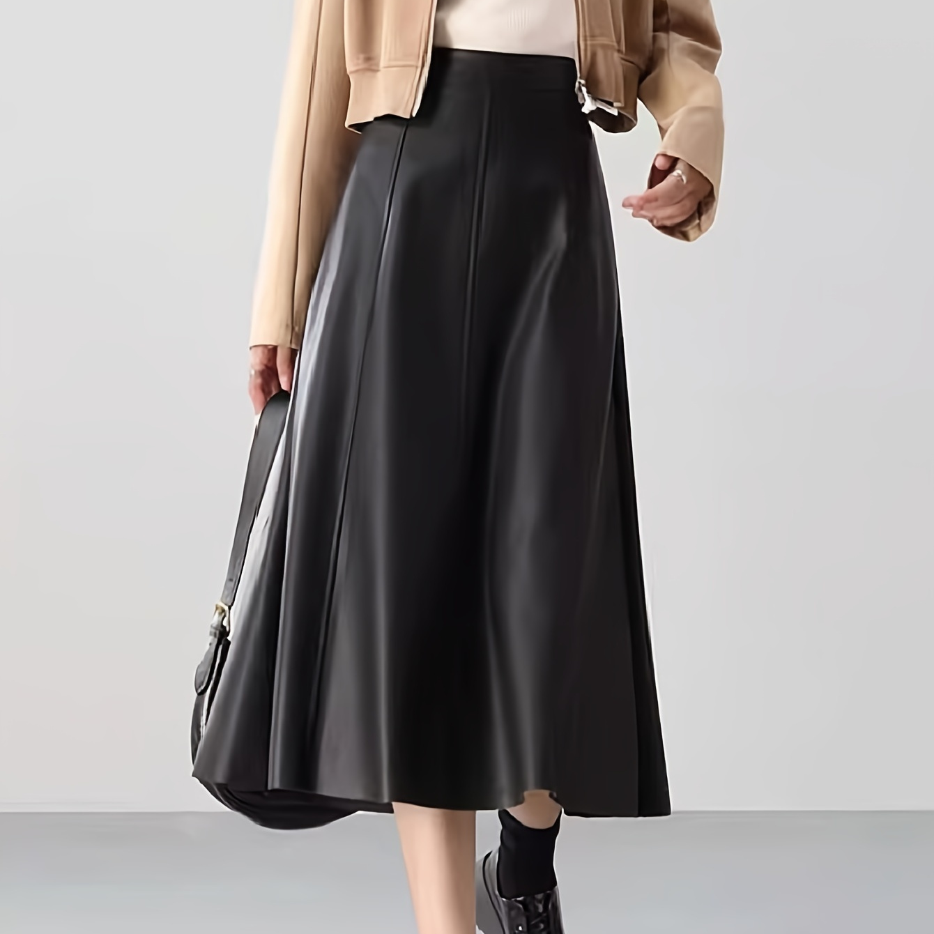 

Elegant High Waist A-line Midi Skirt For Women - Pu Leather Solid Color Umbrella Skirt, Middle-eastern Style, Fall/winter Collection, Viscose Lined