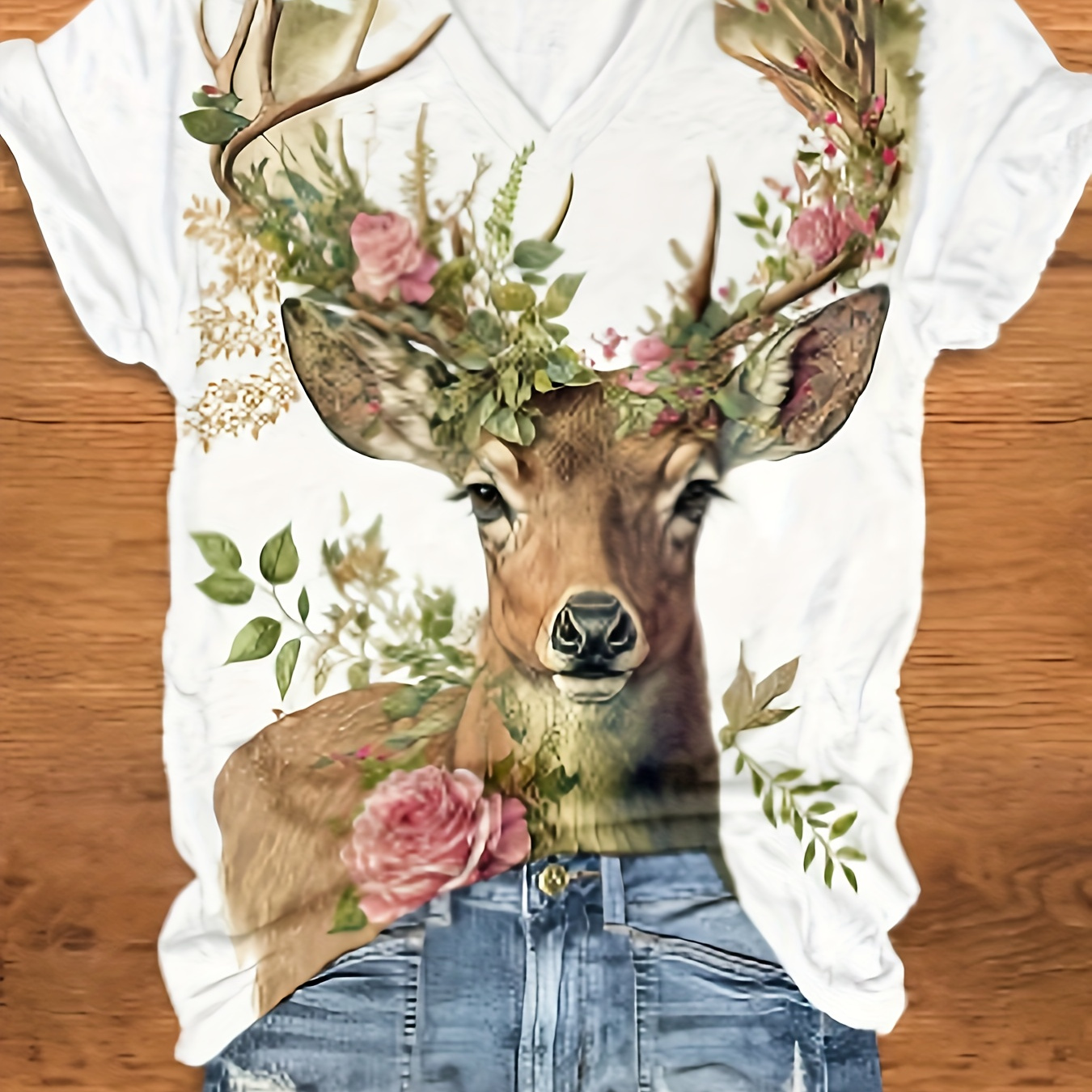 

Plus Size Deer Print T-shirt, Casual V Neck Short Sleeve T-shirt, Women's Plus Size clothing
