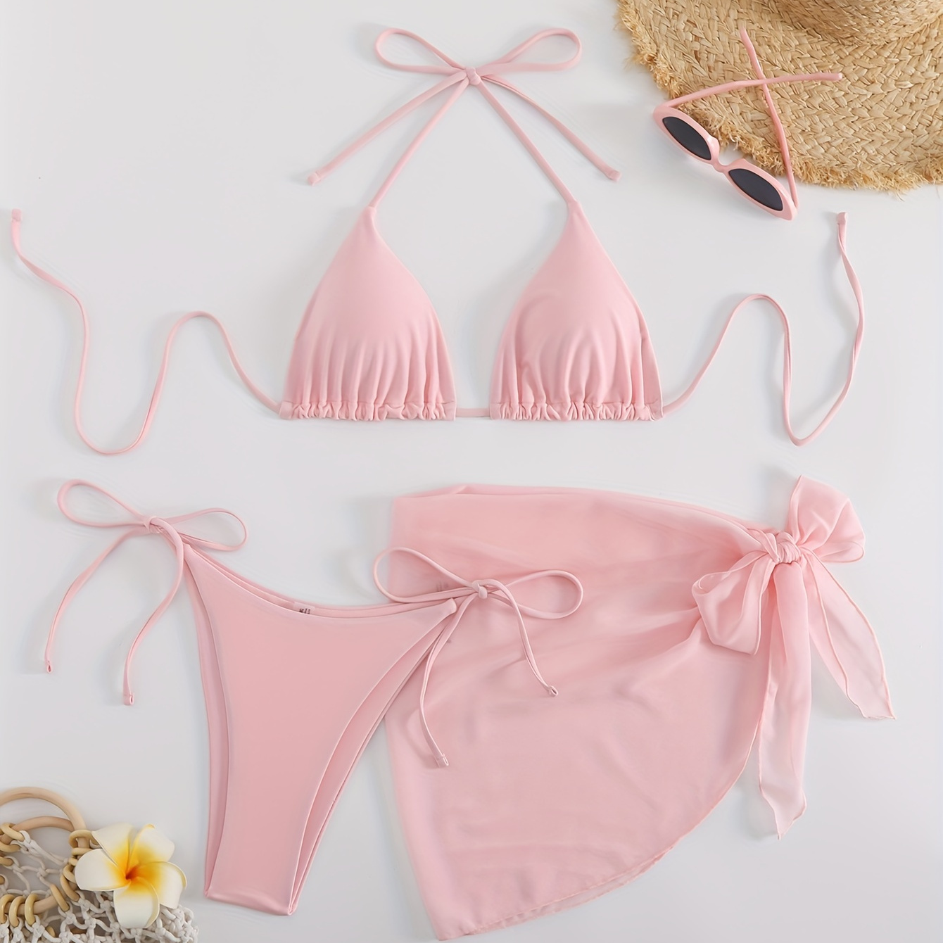 

Plain Pinkish Pastel Color Triangle Halter Tie Strap Backless Bikini With Cover Up 3 Piece Set Swimsuits, Women's Swimwear & Clothing