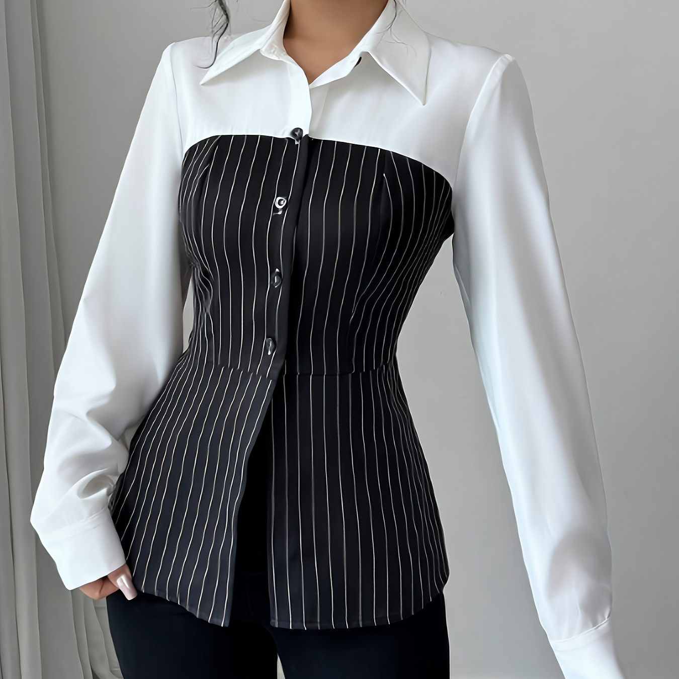 

Elegant Striped Lapel Collar Long Sleeve Shirt, Polyester 100% Skinny 's Clothing For Weekend Casual Spring/summer