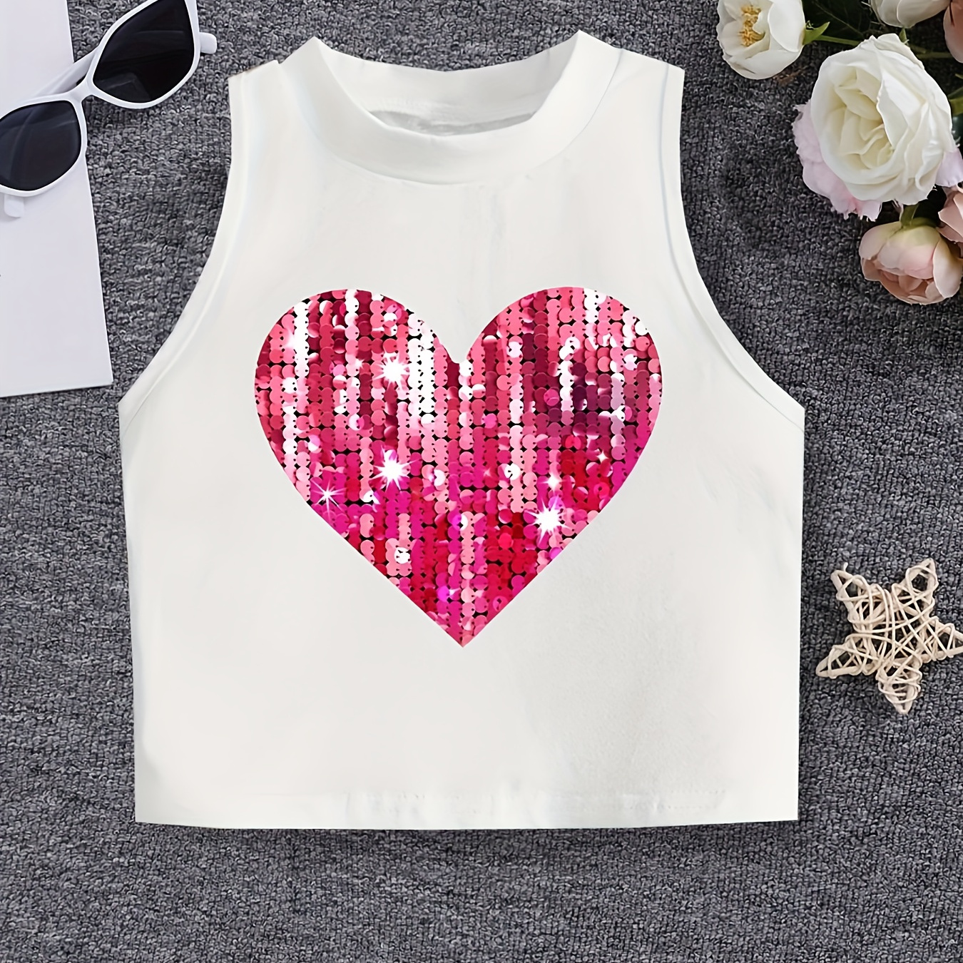 TEMU Chic Heart Print Girl Sleeveless Round Neck Top, Sports Casual Tank Top For Summer