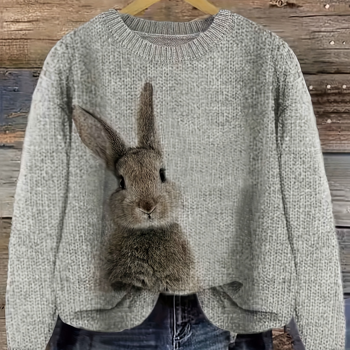 

Light Blue Women's Long Sleeve Rabbit Print Pullover Sweater - Elegant Round Neck Knit Top For Fall/winter, Soft Polyester Blend, Casual Yet Stylish Design, Knit Sweater