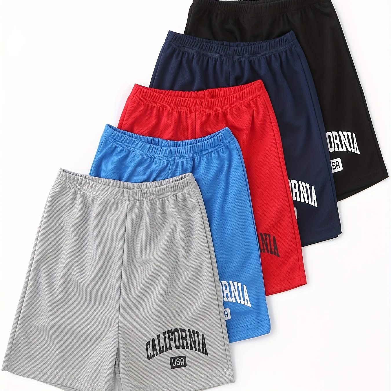 

5pcs Boy's Letters Print Sports Shorts, Trendy Mesh Breathable Summer Basketball Training Shorts