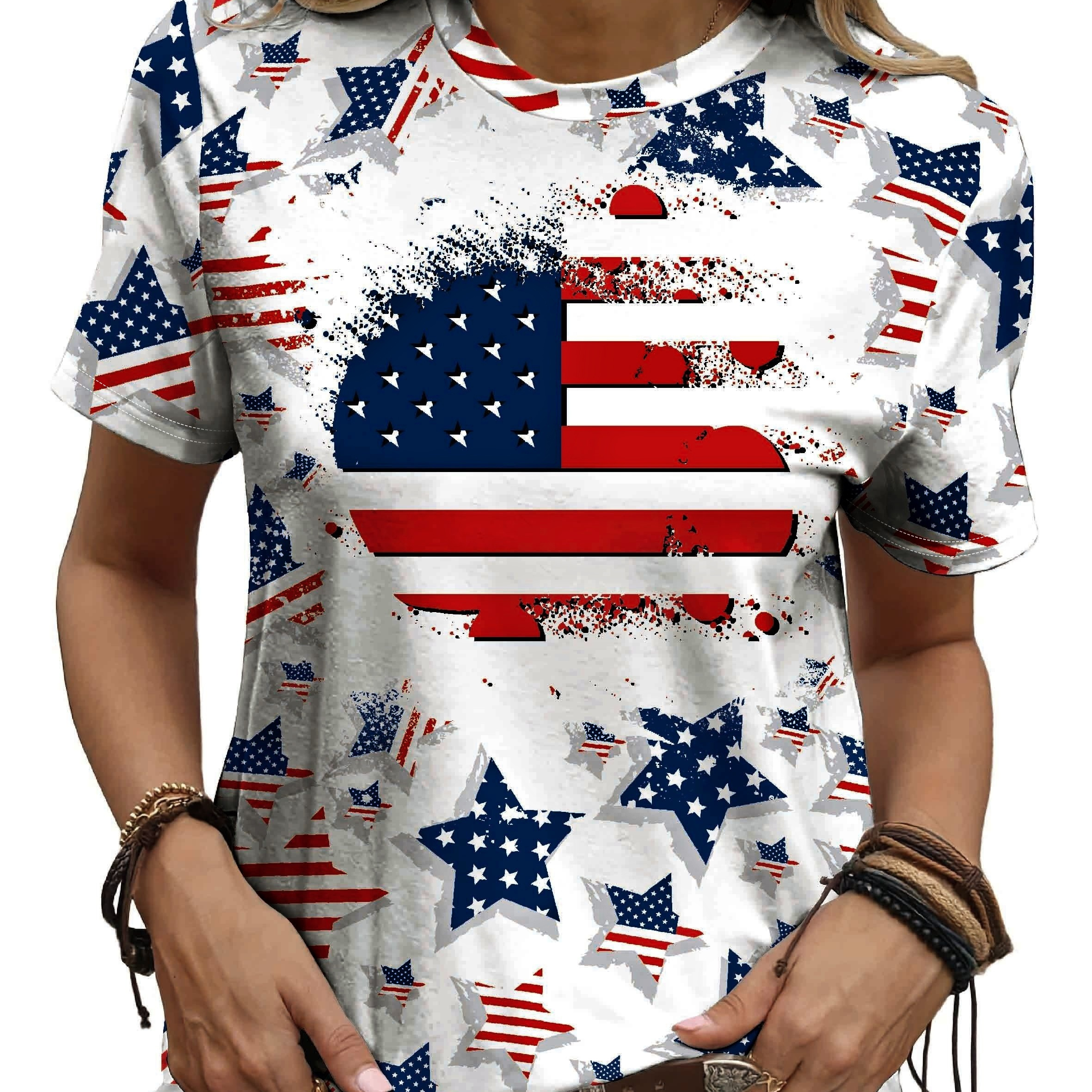 

American Flag Print Crew Neck T-shirt, Short Sleeve Casual Top For Spring & Summer, Women's Clothing
