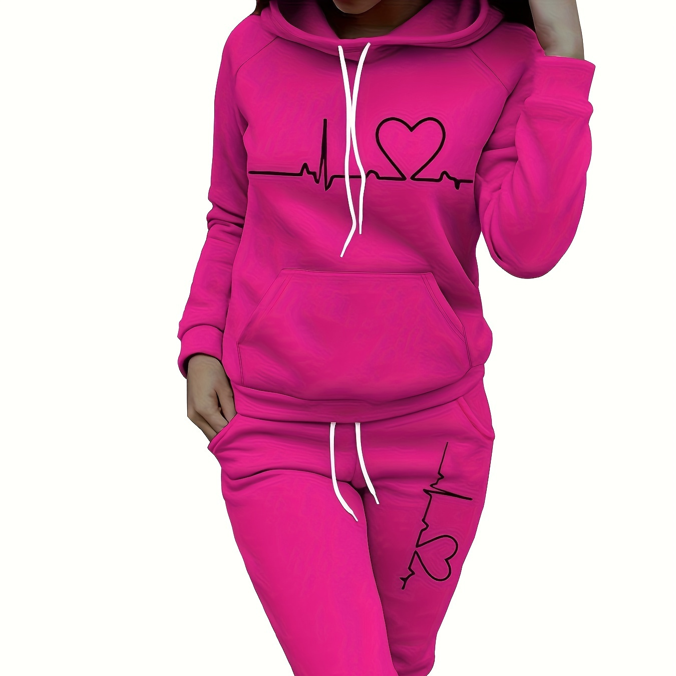 

Casual Heart Print Two-piece Set, Kangaroo Pocket Hoodie & Drawstring Pants Outfits, Women's Clothing