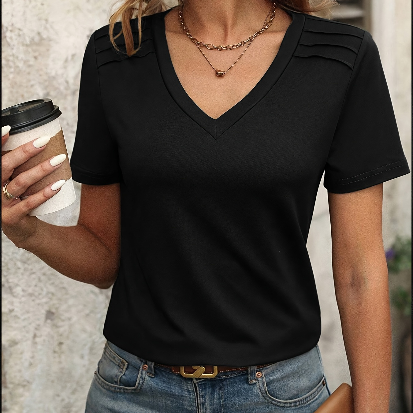 

Women's Casual V-neck T-shirt - Soft Polyester , Solid Color, Short Sleeve, Machine Washable -