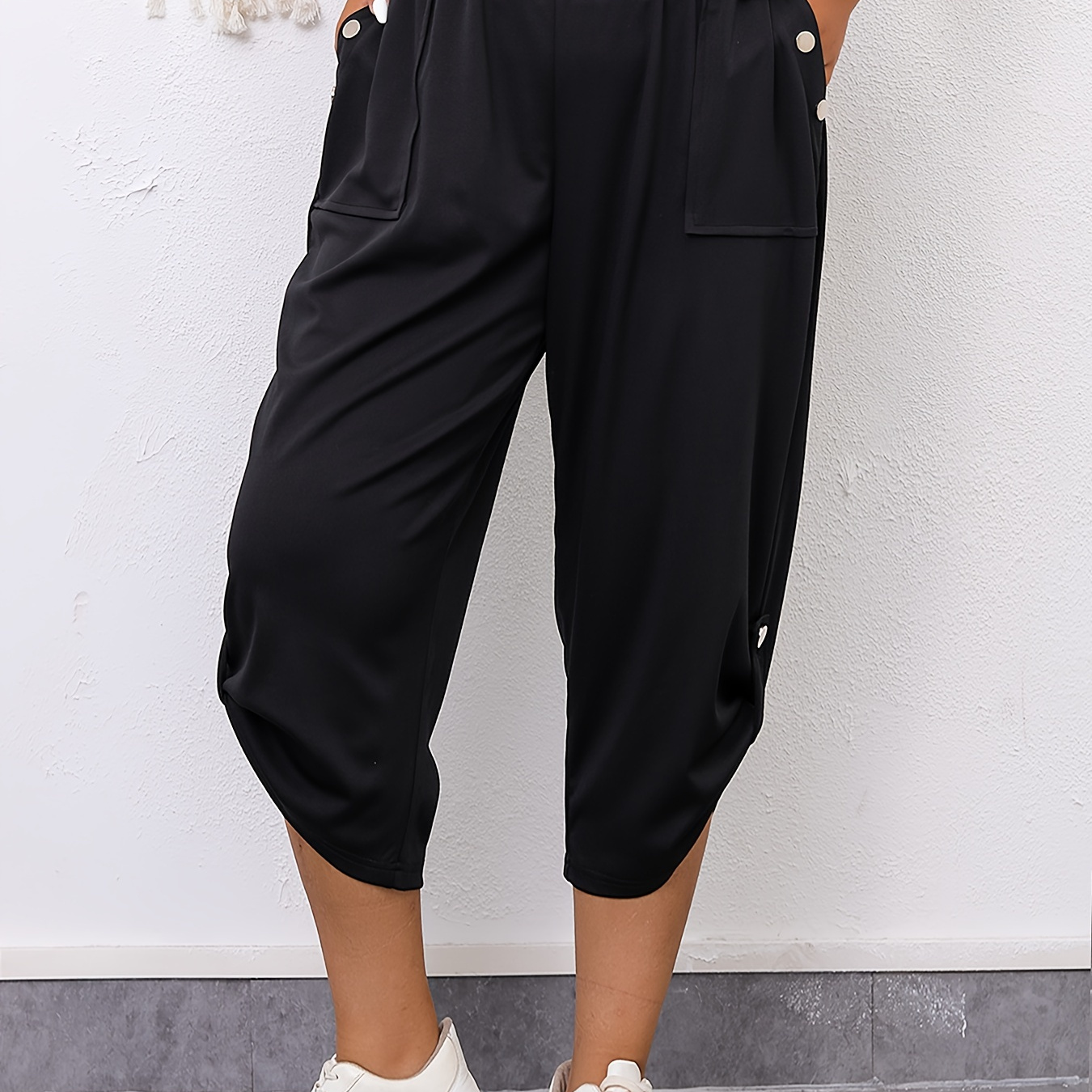 

Plus Size Casual Pants, Plus Women's Plain Button Decor Slash Pocket Elastic Waistband Roll Up Hem Capri Pants