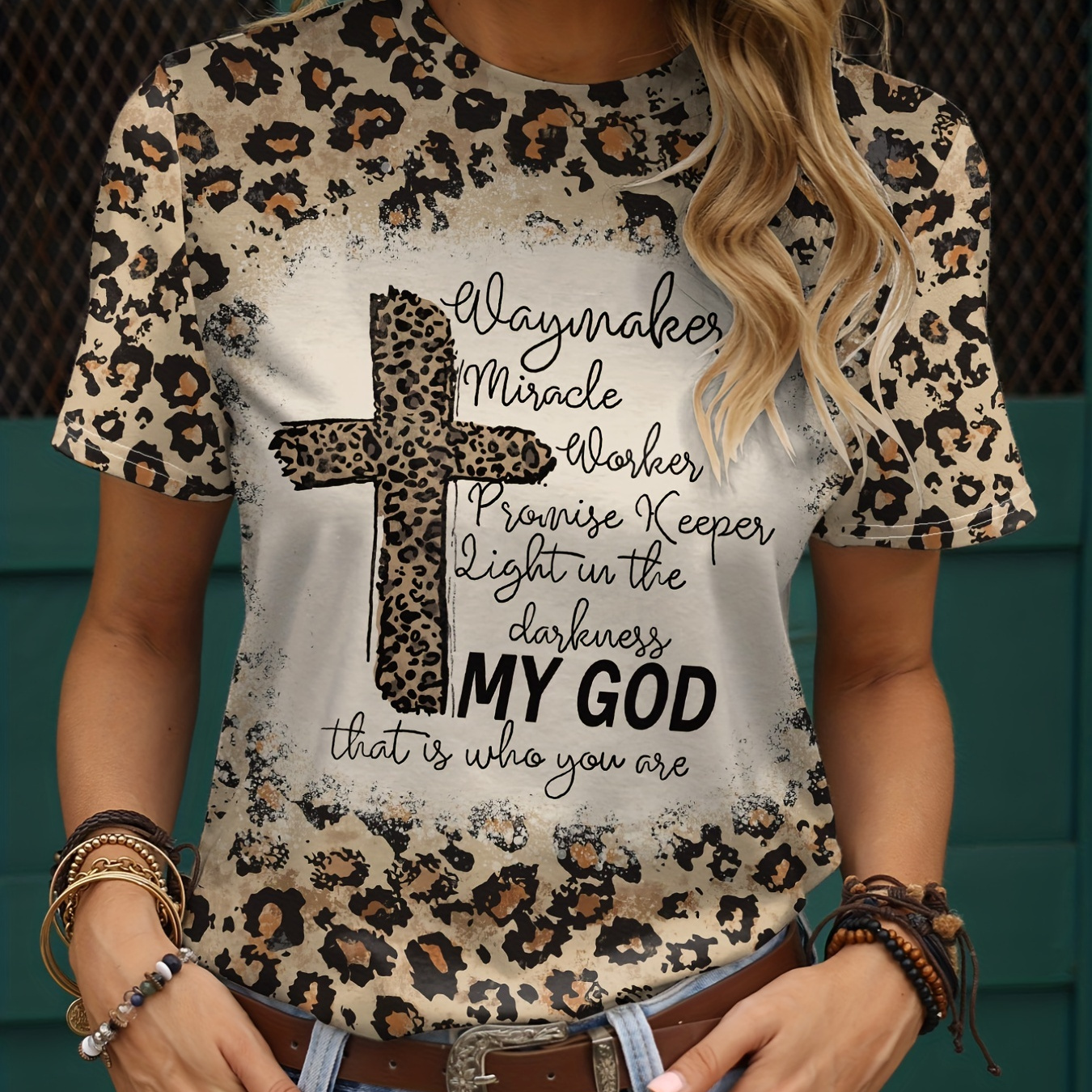 Plus Size Casual T-shirt, Women's Plus Leopard & Cross & Slogan Print Short Sleeve Round Neck Slight Stretch T-shirt