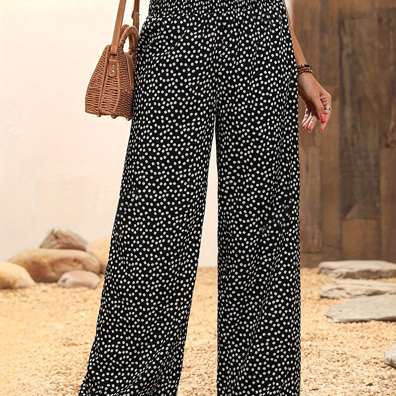 

Allover Print Wide Leg Pants, Vacation Style High Waist Loose Pants For Spring & Fall, Women's Clothing