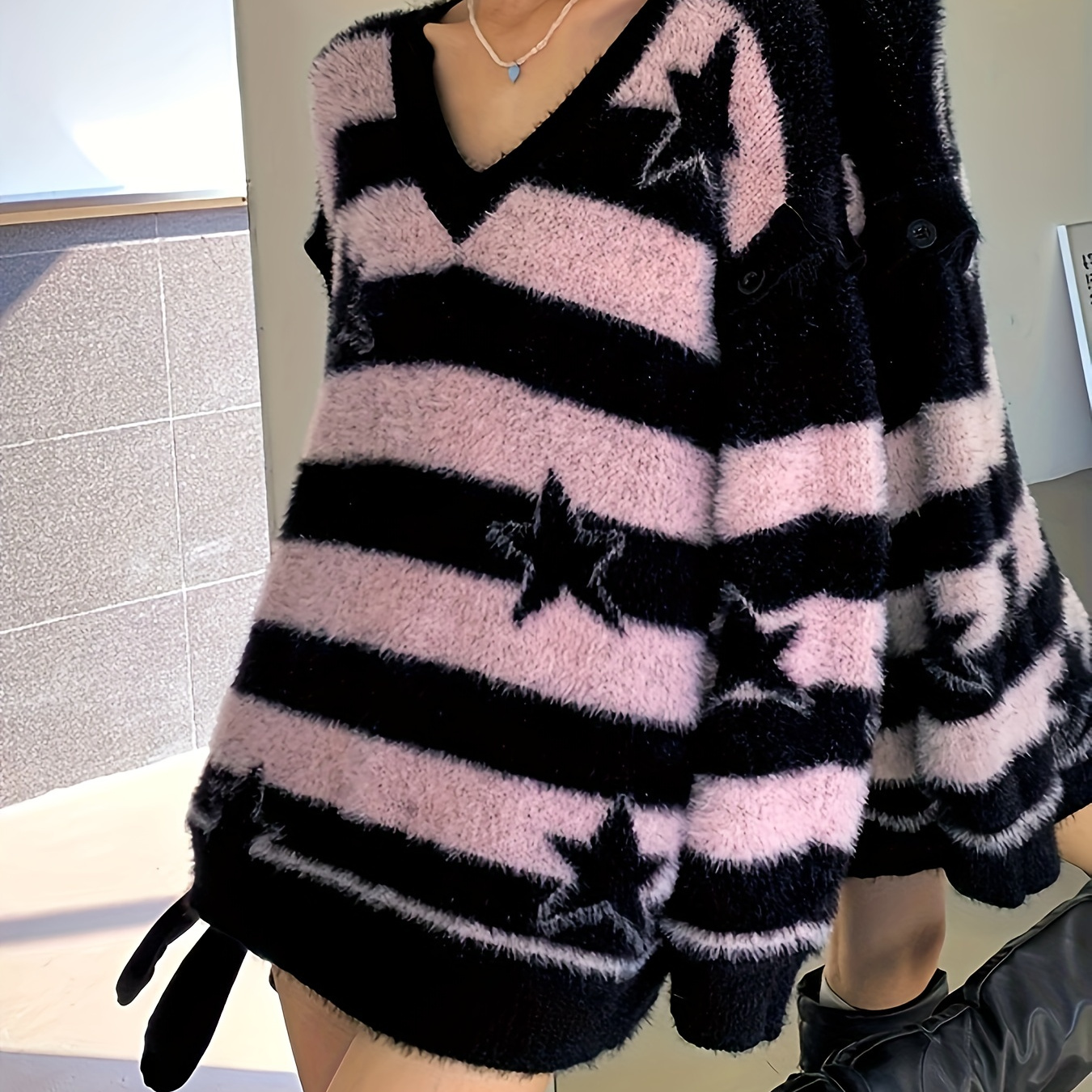 

Striped & Stars Print Knit Sweater, Vintage V Neck Long Sleeve Sweater, Women's Clothing