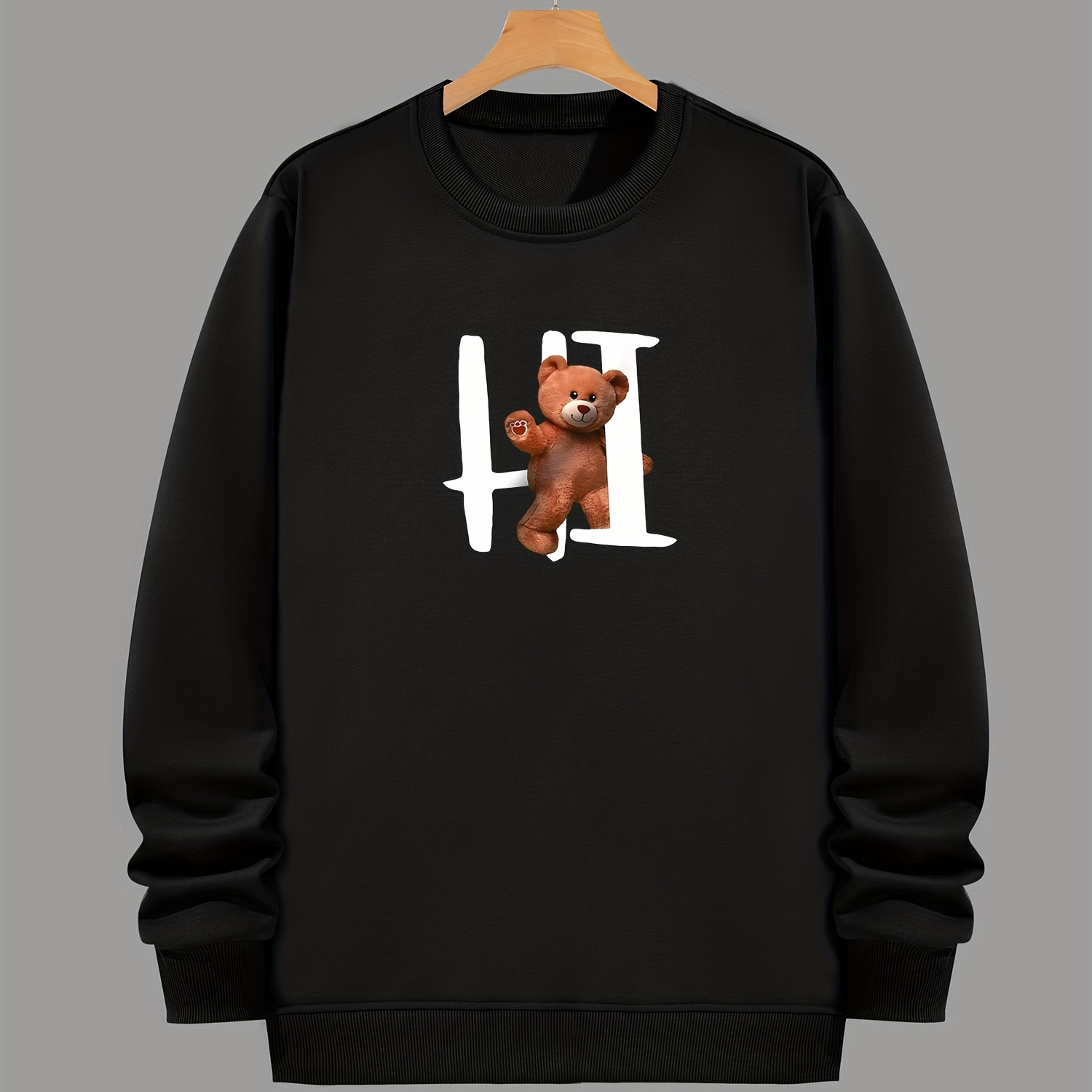 

Hi Bear Pattern Print Trendy Sweatshirt, Sports Tops, Men's Casual Graphic Design Crew Neck Long Sleeve Pullover Sweatshirt For Fall Winter